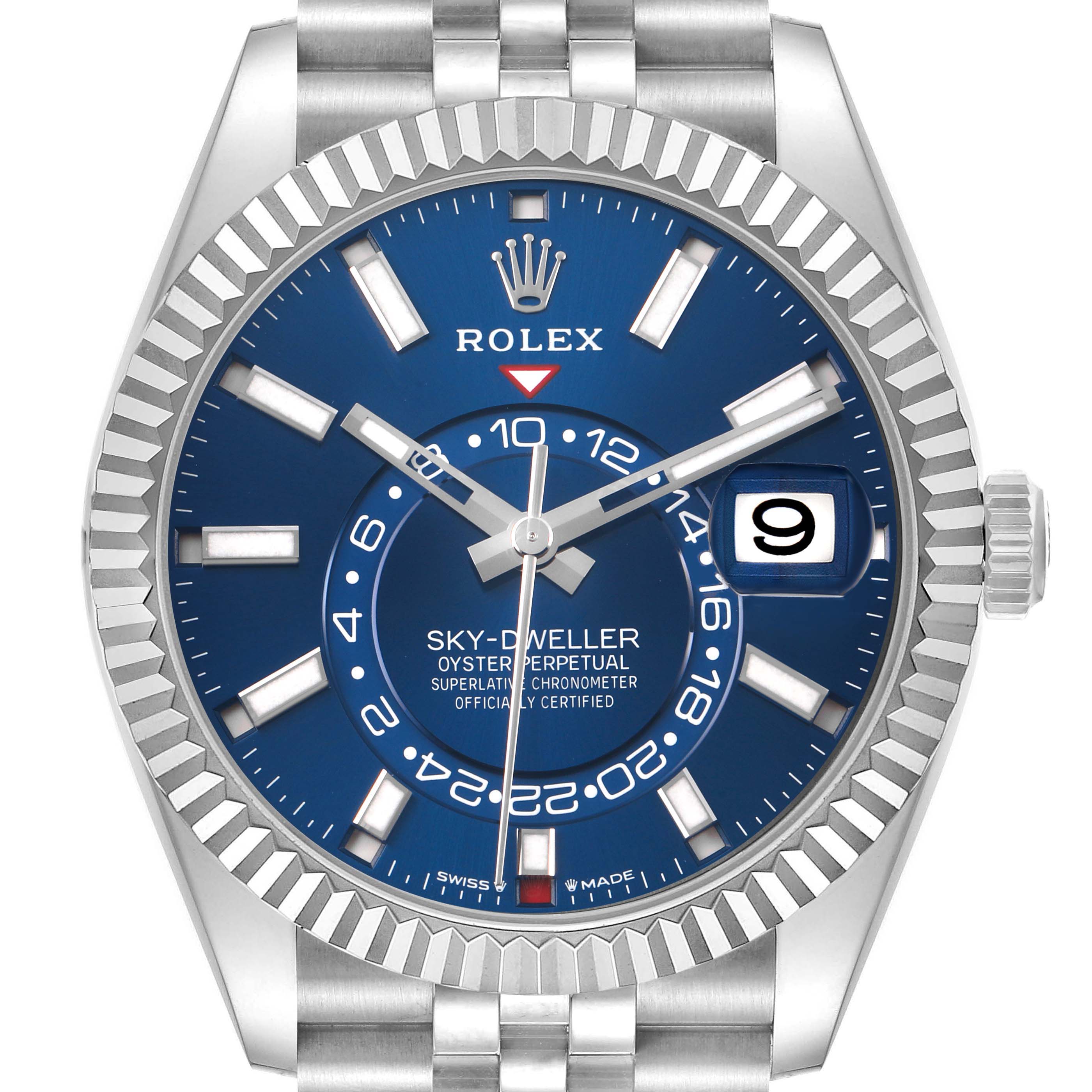 The Rolex Sky-Dweller 336934 Men's Stainless Steel Blue Dial watch is shown from the front, displaying its blue dial, fluted bezel, and date window.