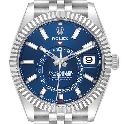 The Rolex Sky-Dweller 336934 Men's Stainless Steel Blue Dial watch is shown from the front, displaying its blue dial, bezel, hour markers, and date window.