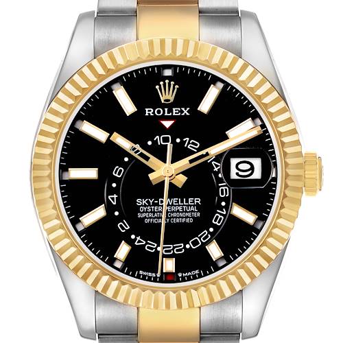 The Rolex Sky-Dweller 336933 Men's Steel and Gold (two tone) Black Dial watch is shown from a front angle, highlighting its bezel, dial, hands, crown, and bracelet.