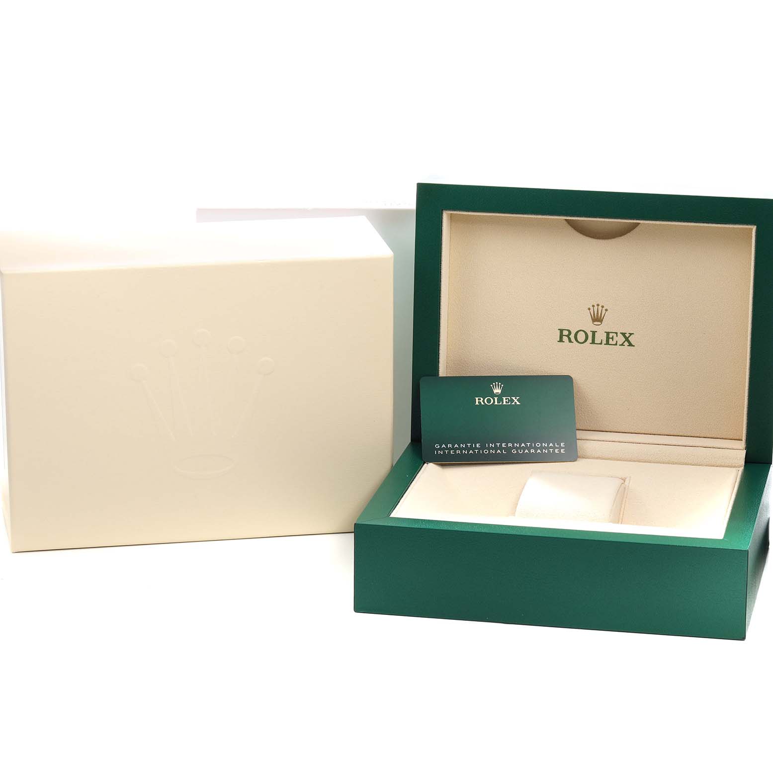 The image shows a Rolex Sky-Dweller 336933 Men's Steel and Gold (two tone) Black Dial watch box, with the outer box, inner green box, and a warranty card displayed.