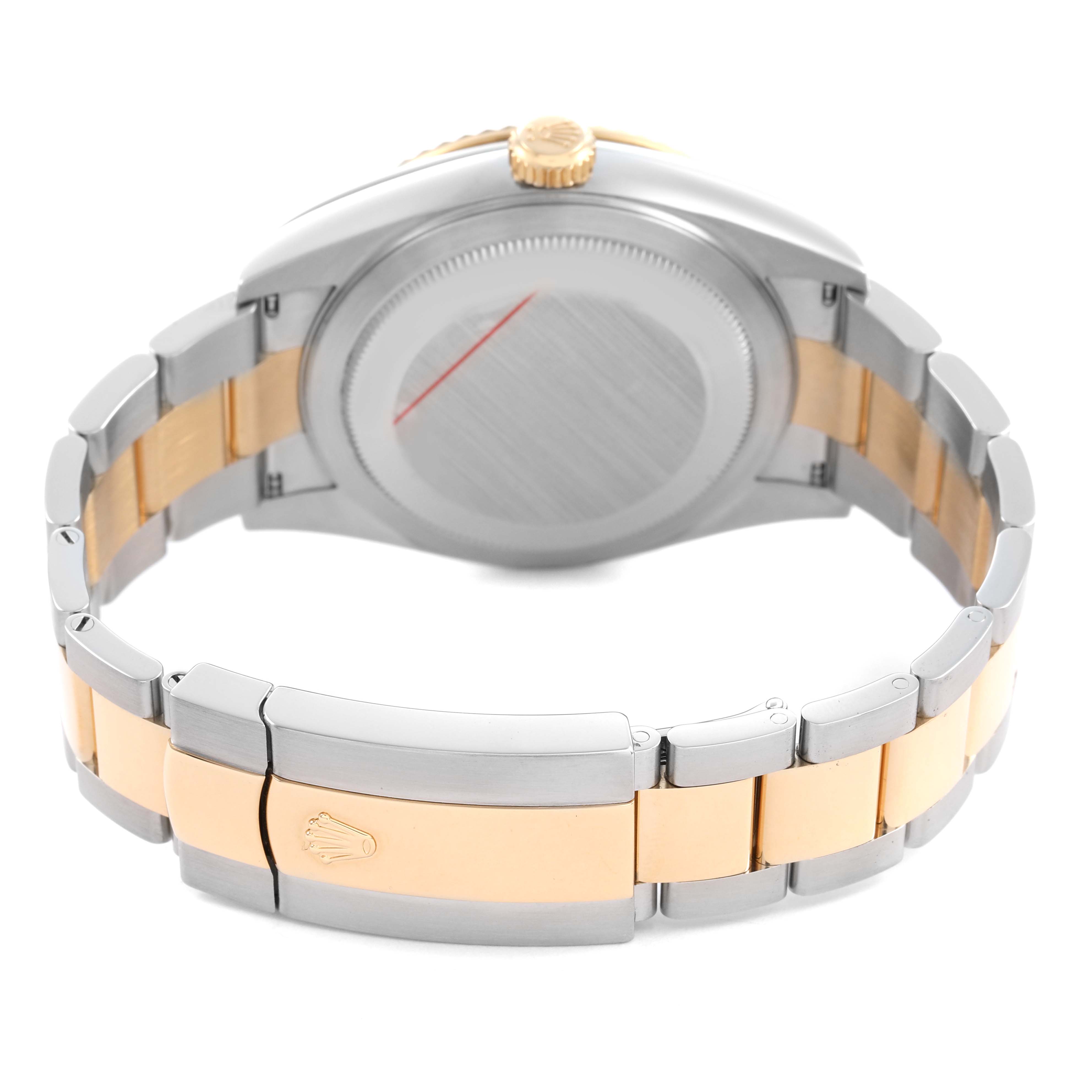 The image shows the back case and bracelet of a Rolex Sky-Dweller 336933 Men's Steel and Gold (two tone) Black Dial watch, highlighting the clasp and link design.