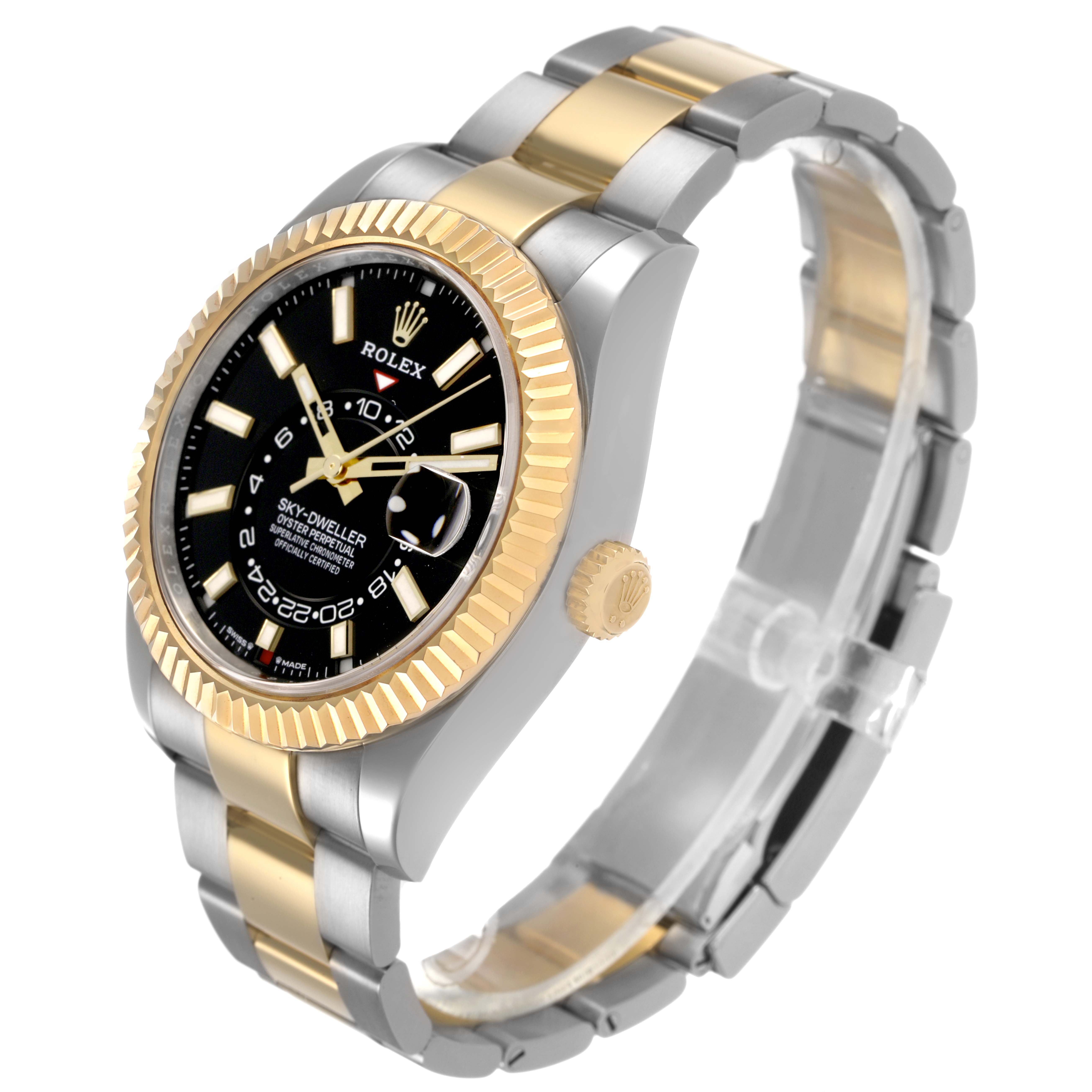 The Rolex Sky-Dweller 336933 Men's Steel and Gold (two tone) Black Dial watch is displayed at a slight angle, showing the face, bezel, crown, and two-tone bracelet.
