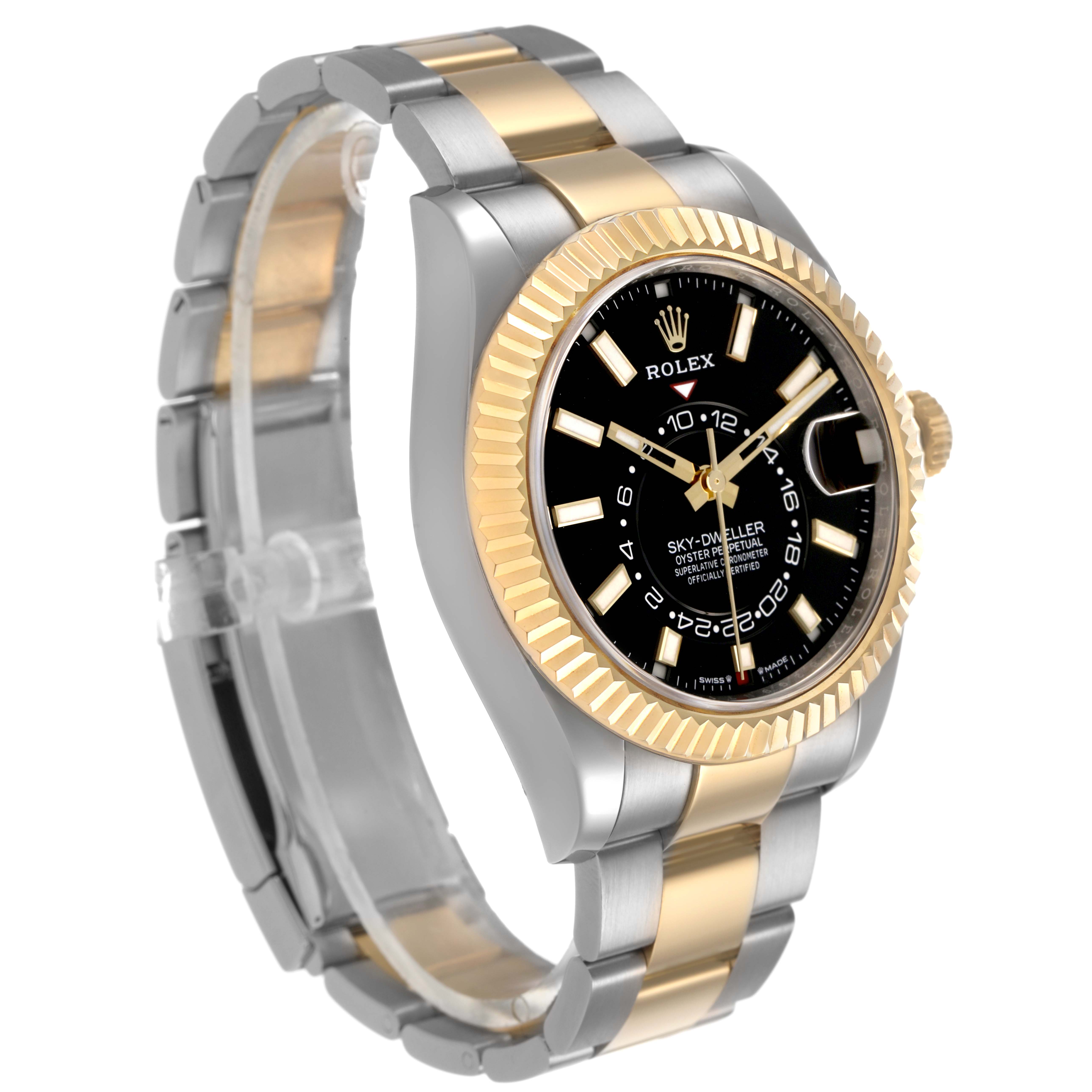 The Rolex Sky-Dweller 336933 Men's Steel and Gold (two tone) Black Dial watch is angled showing the face, bezel, case, crown, and bracelet.