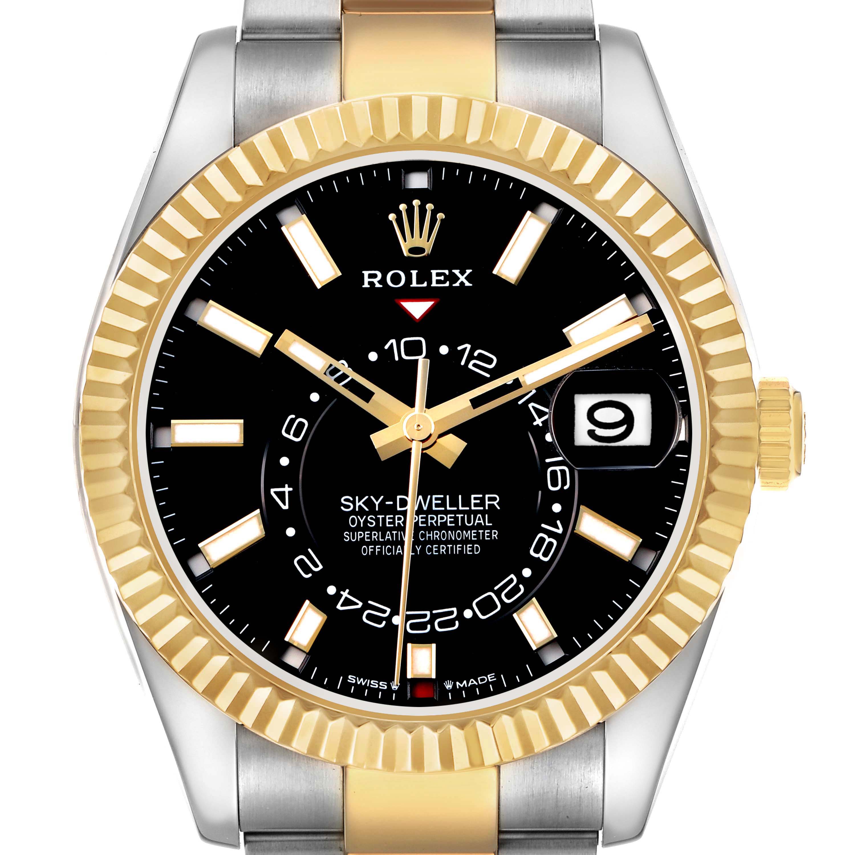 The Rolex Sky-Dweller 336933 Men's Steel and Gold (two tone) Black Dial watch is shown from a front angle, highlighting the dial, bezel, markers, and crown.