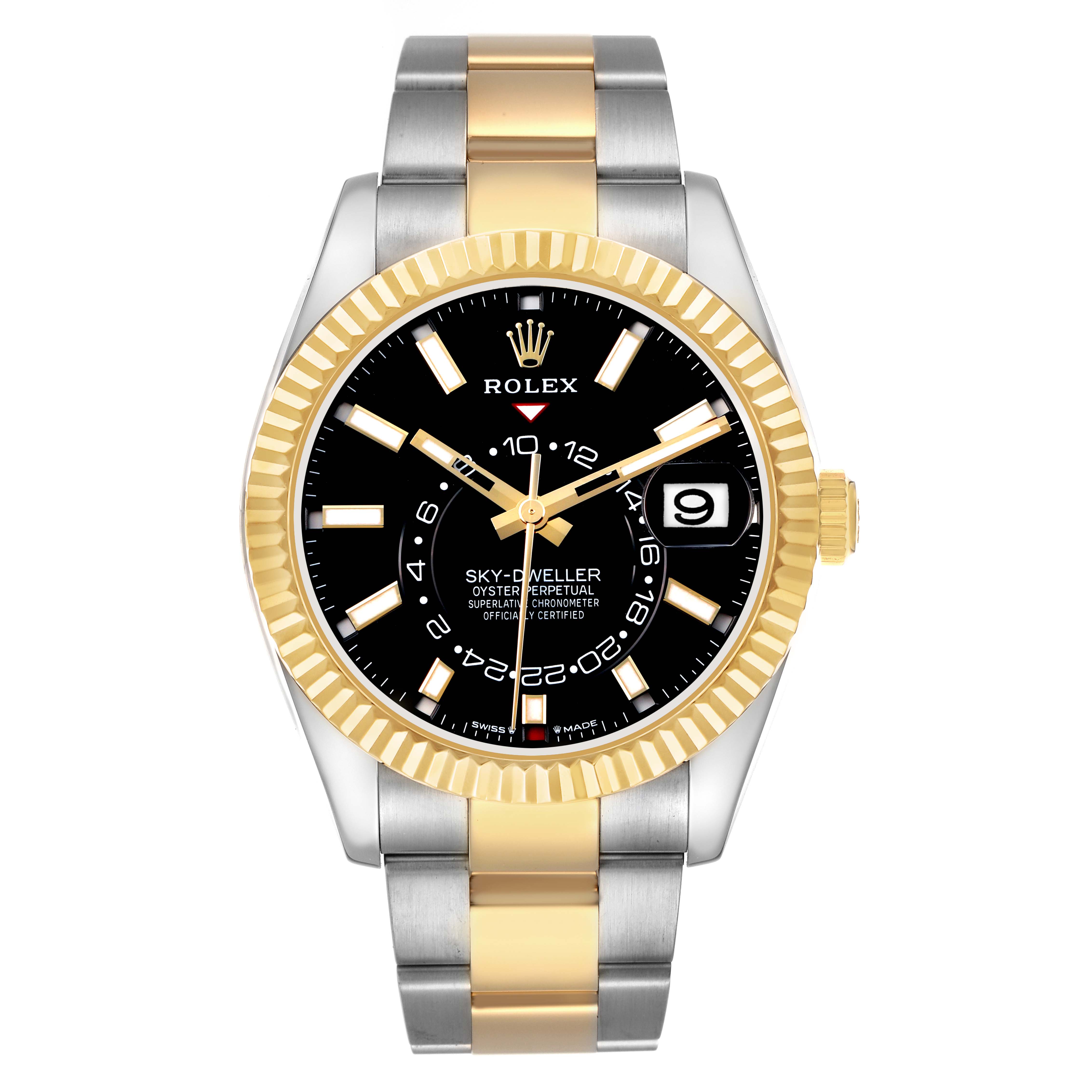 The Rolex Sky-Dweller 336933 Men's Steel and Gold (two tone) Black Dial watch is shown from the front, highlighting the dial, bezel, and bracelet.