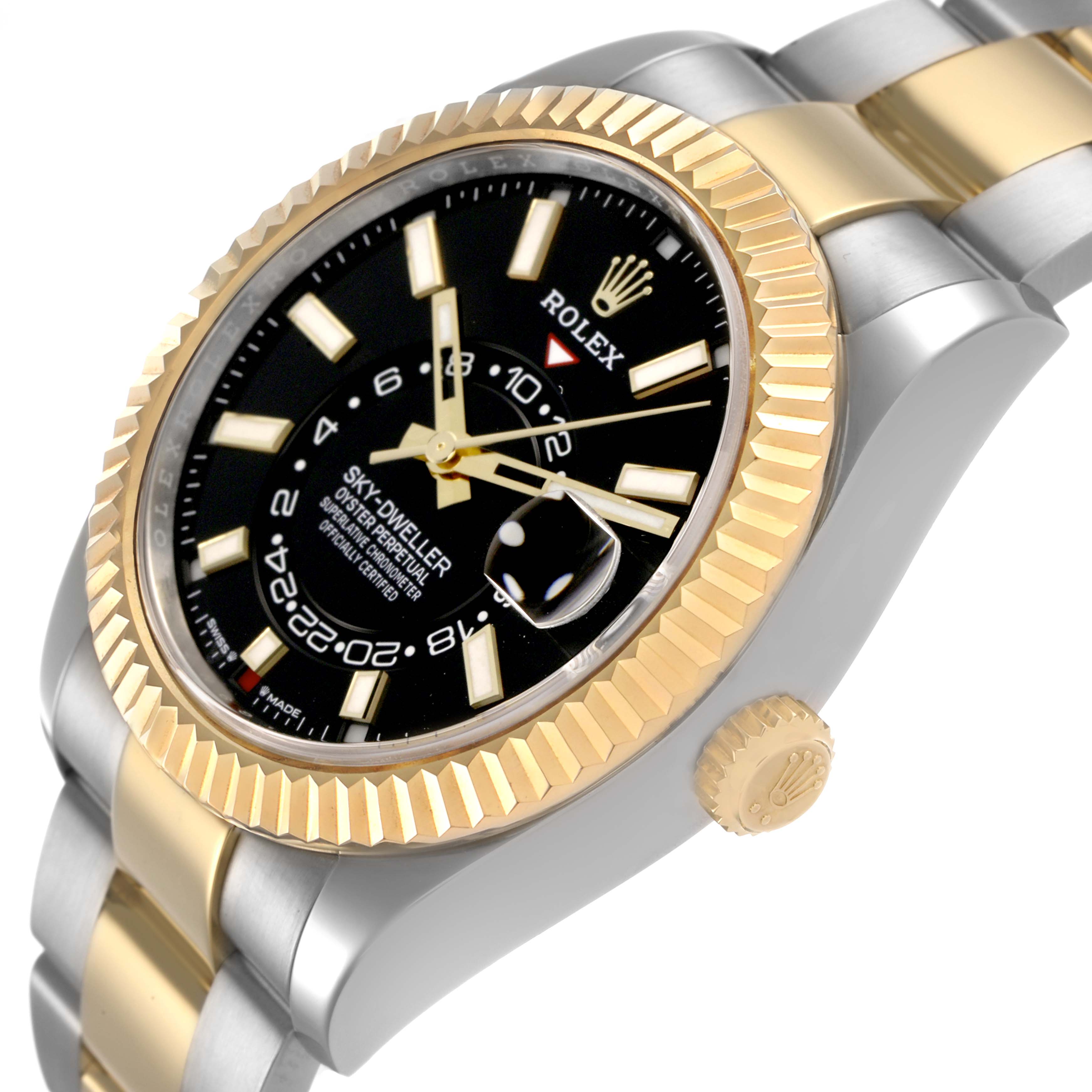 The Rolex Sky-Dweller 336933 Men's Steel and Gold (two tone) Black Dial watch is shown at an angled close-up, highlighting its gold bezel, black dial, crown, and two-tone bracelet.