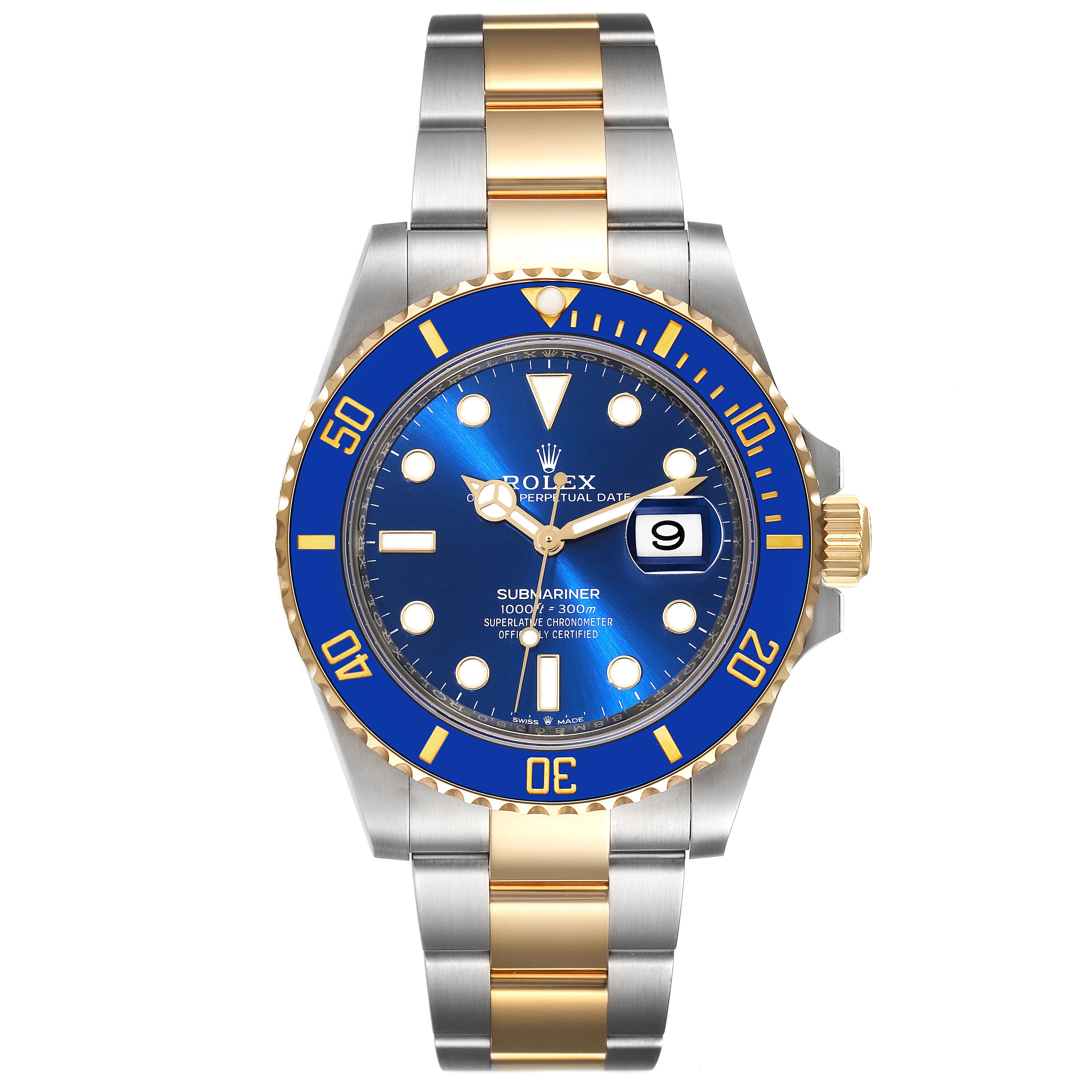 The image shows a frontal view of a Rolex Submariner 126613 Men
s Steel and Gold (two tone) Blue Dial 126613 Men
s Steel and Gold (two tone) Blue Dial watch, displaying its blue dial, bezel, and two-tone metal bracelet.