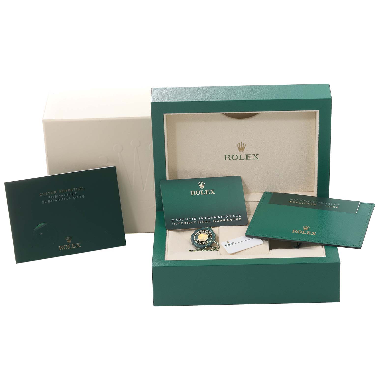 The image shows the packaging and accessories for a Rolex Submariner 126613 Men
s Steel and Gold (two tone) Blue Dial 126613 Men
s Steel and Gold (two tone) Blue Dial, including the box, international guarantee card, and manuals.