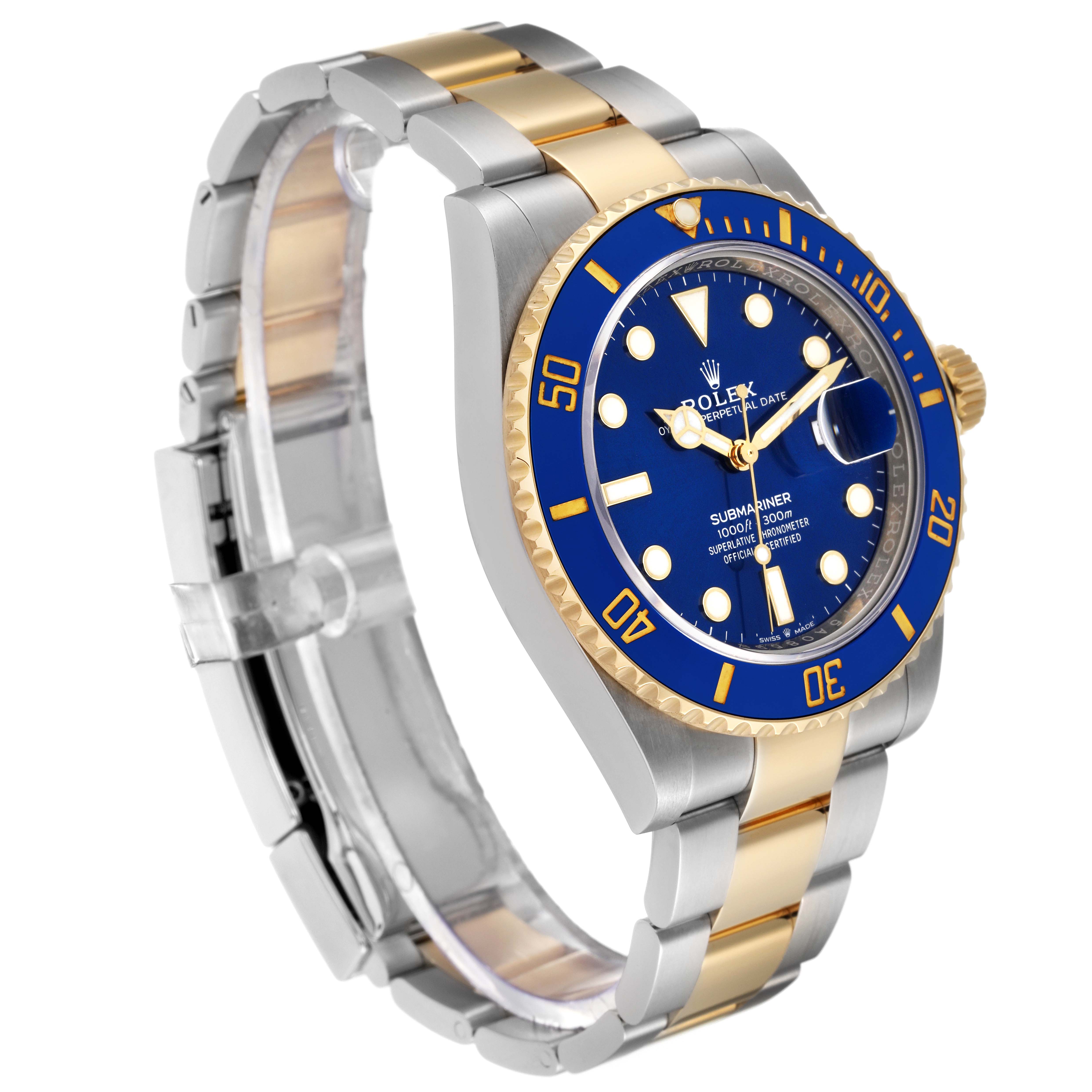 This Rolex Submariner 126613 Men
s Steel and Gold (two tone) Blue Dial 126613 Men
s Steel and Gold (two tone) Blue Dial watch is shown at a three-quarter angle, highlighting the blue dial, bezel, and metal bracelet.