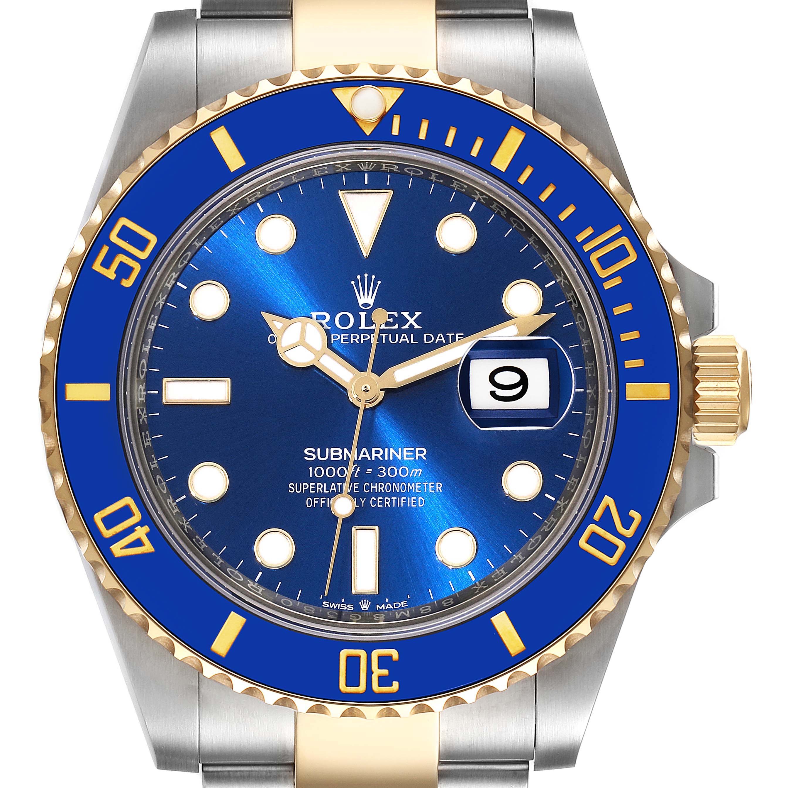 This image shows a close-up, front-facing view of a Rolex Submariner 126613 Men
s Steel and Gold (two tone) Blue Dial 126613 Men
s Steel and Gold (two tone) Blue Dial watch with a blue dial and bezel.