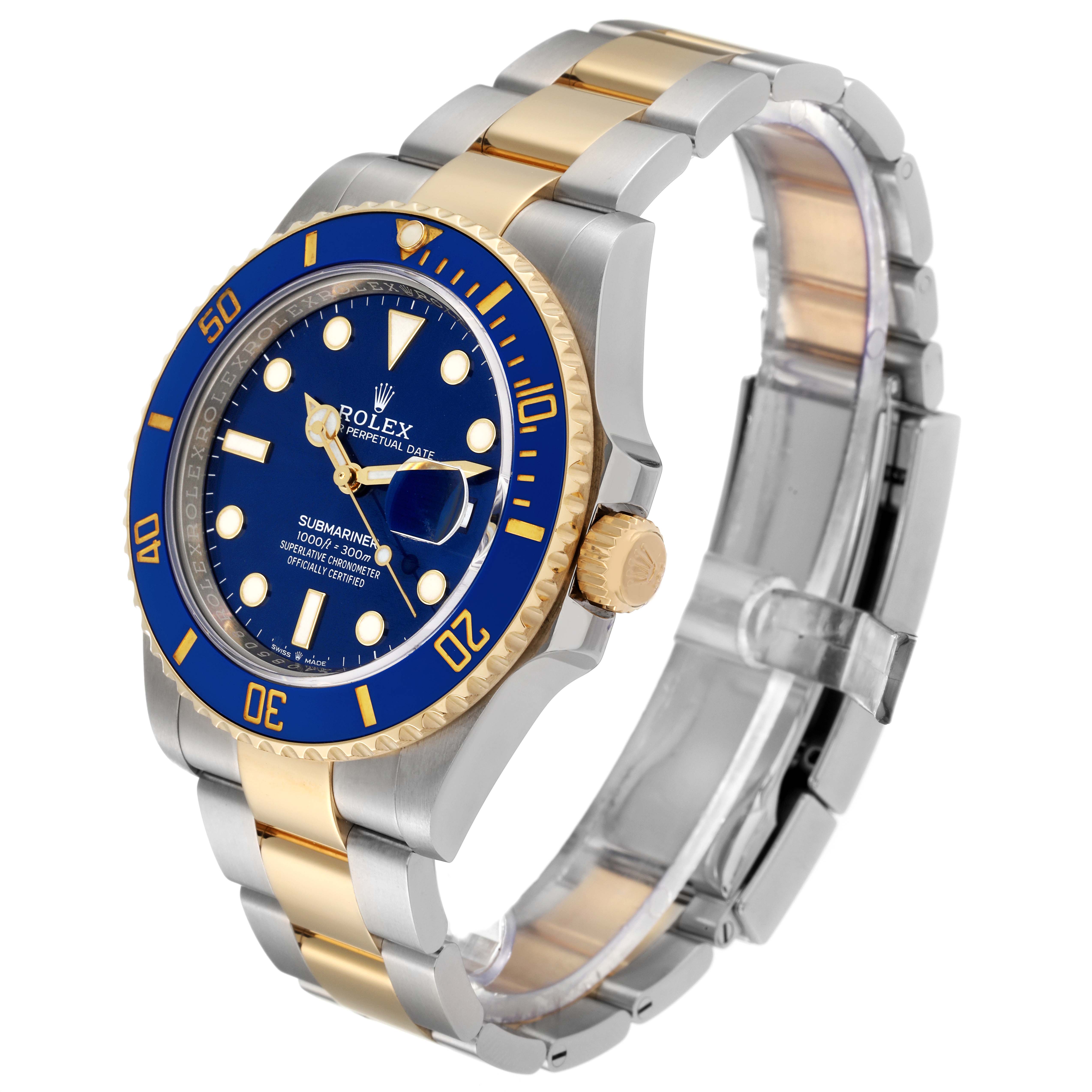 The image shows a side view of a Rolex Submariner 126613 Men
s Steel and Gold (two tone) Blue Dial 126613 Men
s Steel and Gold (two tone) Blue Dial watch, highlighting its bezel, dial, crown, and bracelet.