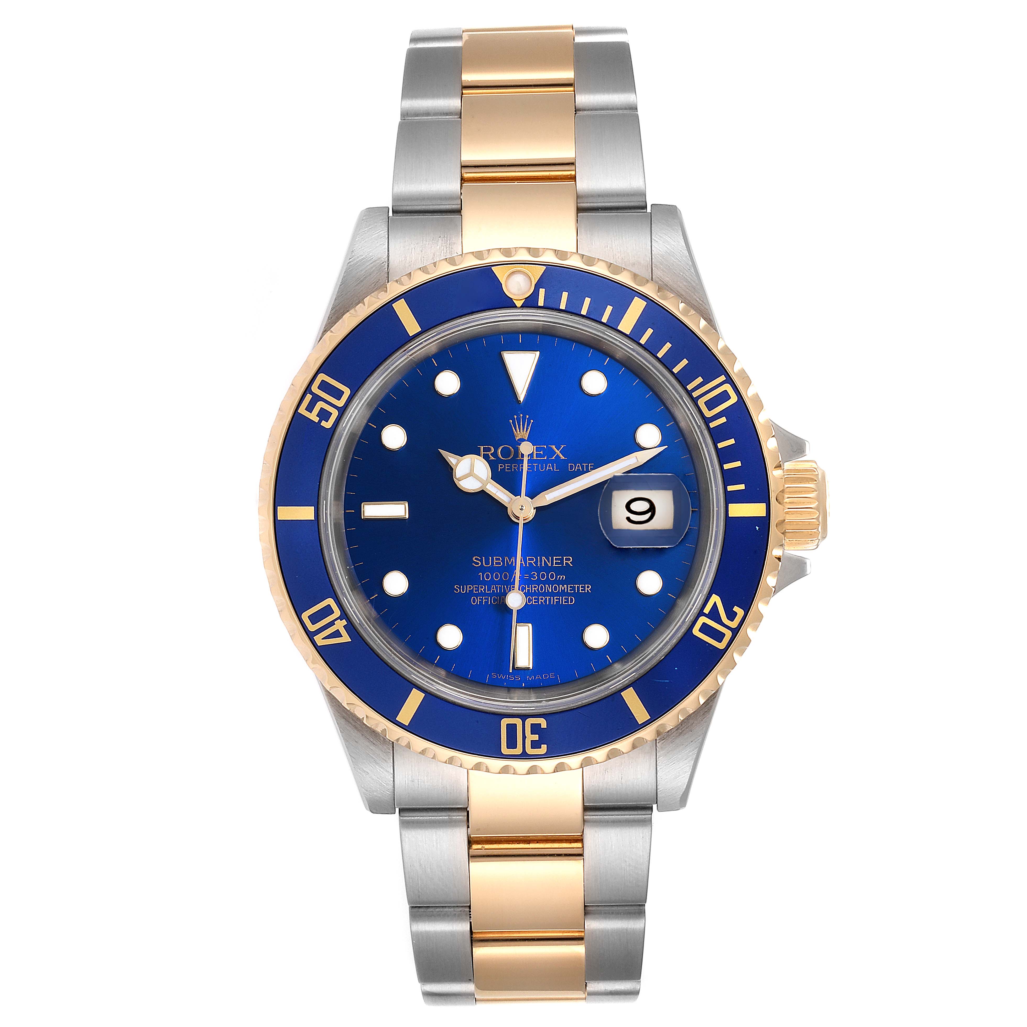 The image shows a frontal view of the Rolex Submariner 16613 Men
s Steel and Gold (two tone) Blue Dial 16613 Men
s Steel and Gold (two tone) Blue Dial watch, displaying its blue dial, bezel, and a two-tone bracelet.