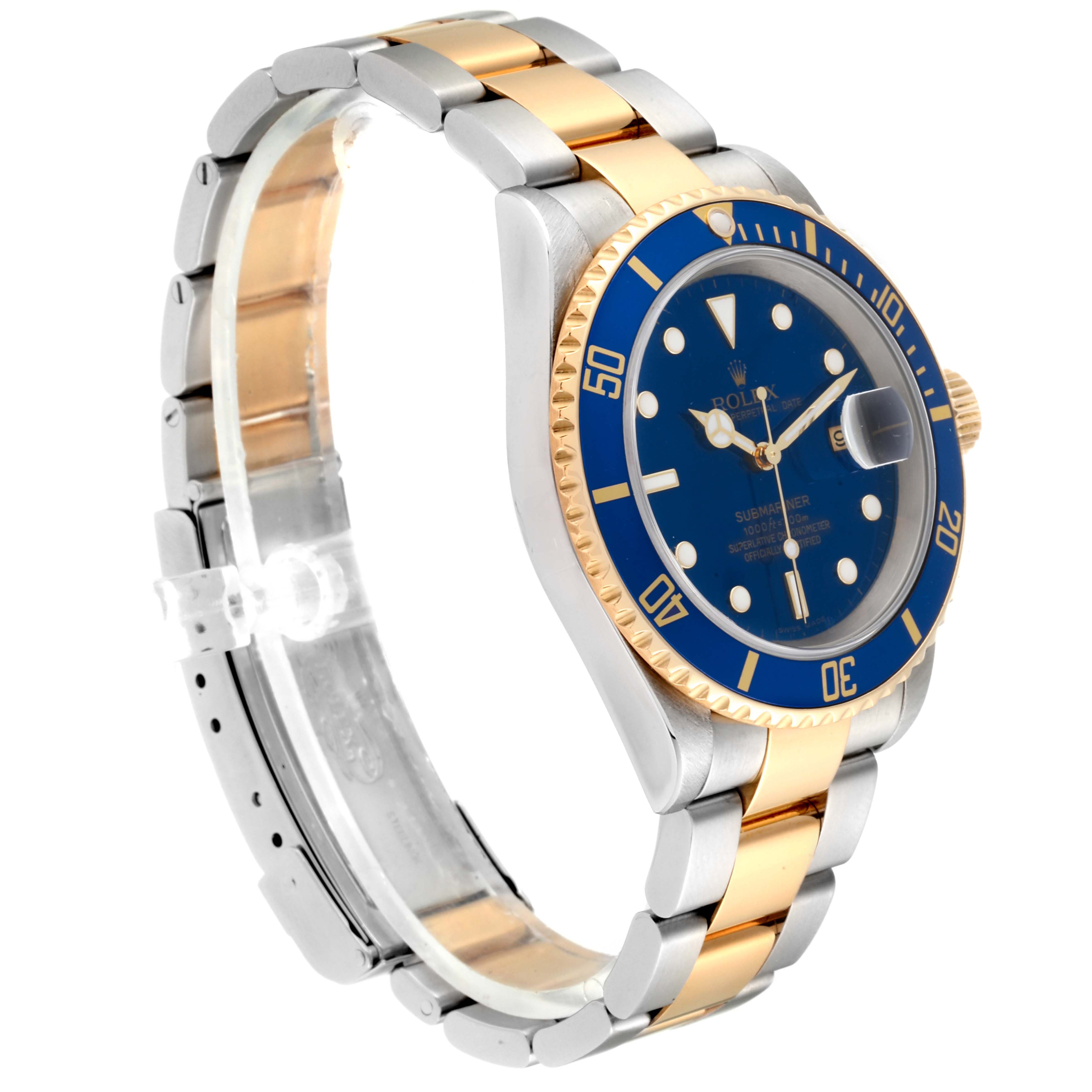 The image shows a side and front angle view of a Rolex Submariner 16613 Men
s Steel and Gold (two tone) Blue Dial 16613 Men
s Steel and Gold (two tone) Blue Dial, highlighting its blue dial, bezel, and two-tone bracelet.
