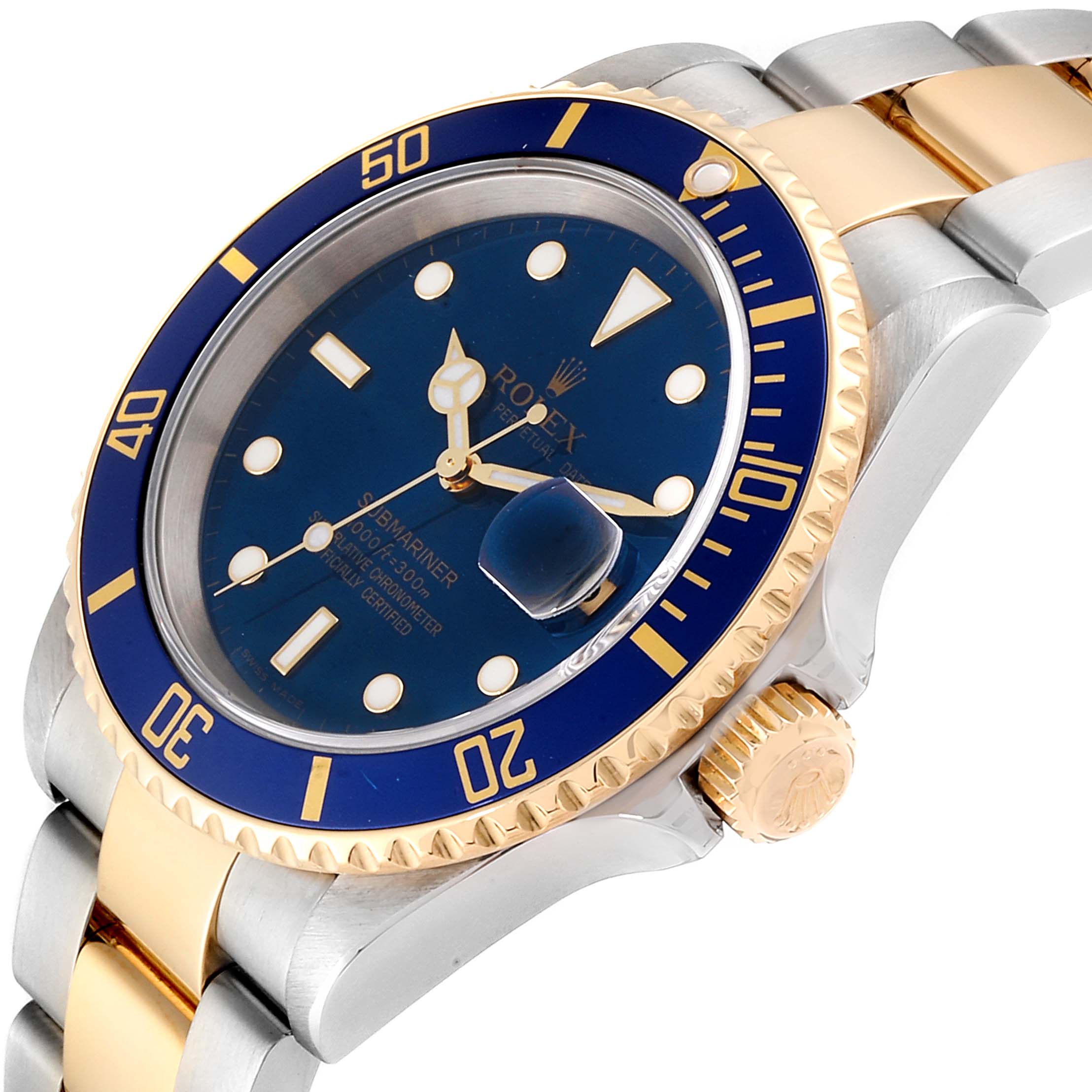 This image shows a close-up, angled view of a Rolex Submariner 16613 Men
s Steel and Gold (two tone) Blue Dial 16613 Men
s Steel and Gold (two tone) Blue Dial watch showcasing the bezel, dial, and part of the bracelet.
