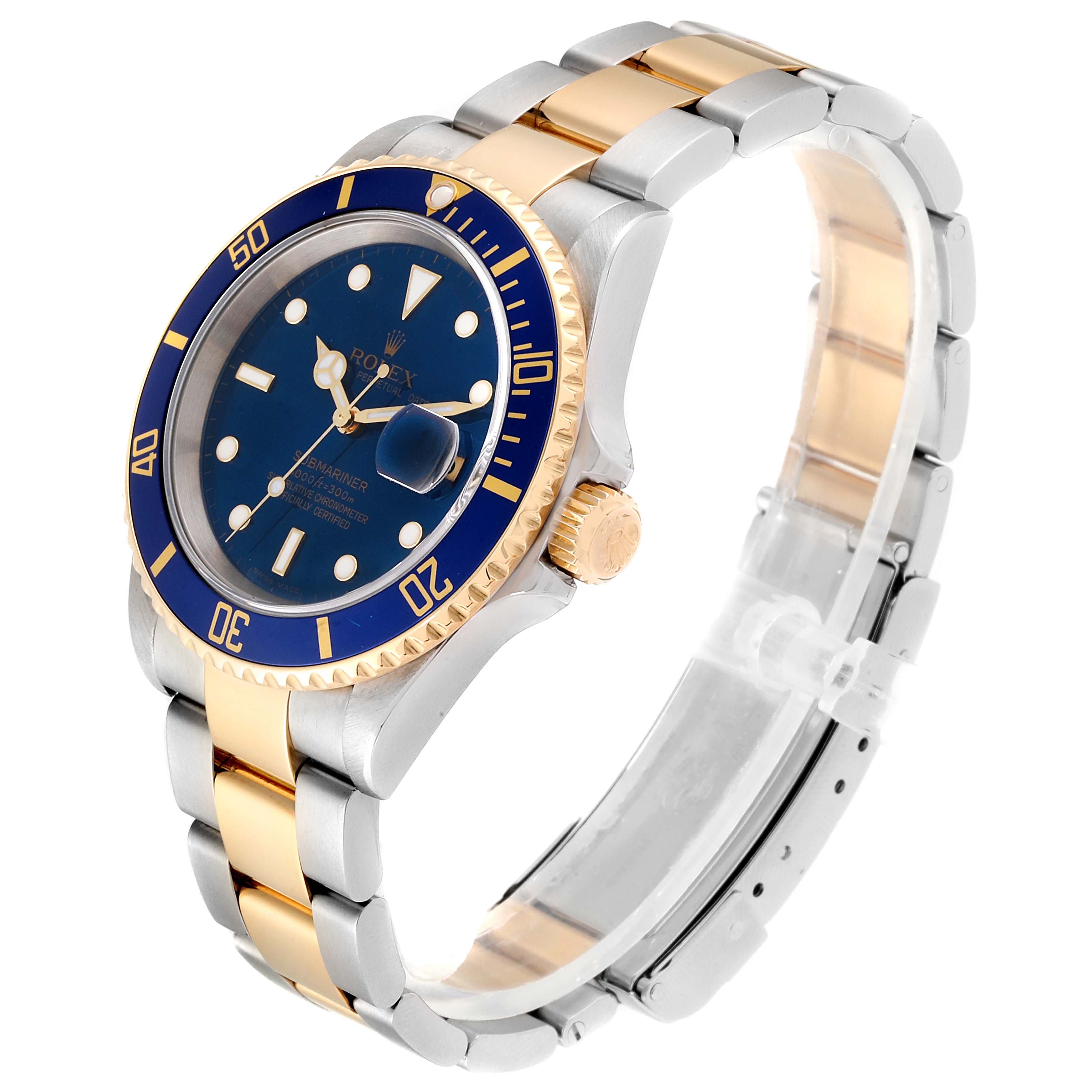The image shows a Rolex Submariner 16613 Men
s Steel and Gold (two tone) Blue Dial 16613 Men
s Steel and Gold (two tone) Blue Dial watch angled to display its face, bezel, crown, and two-tone bracelet.