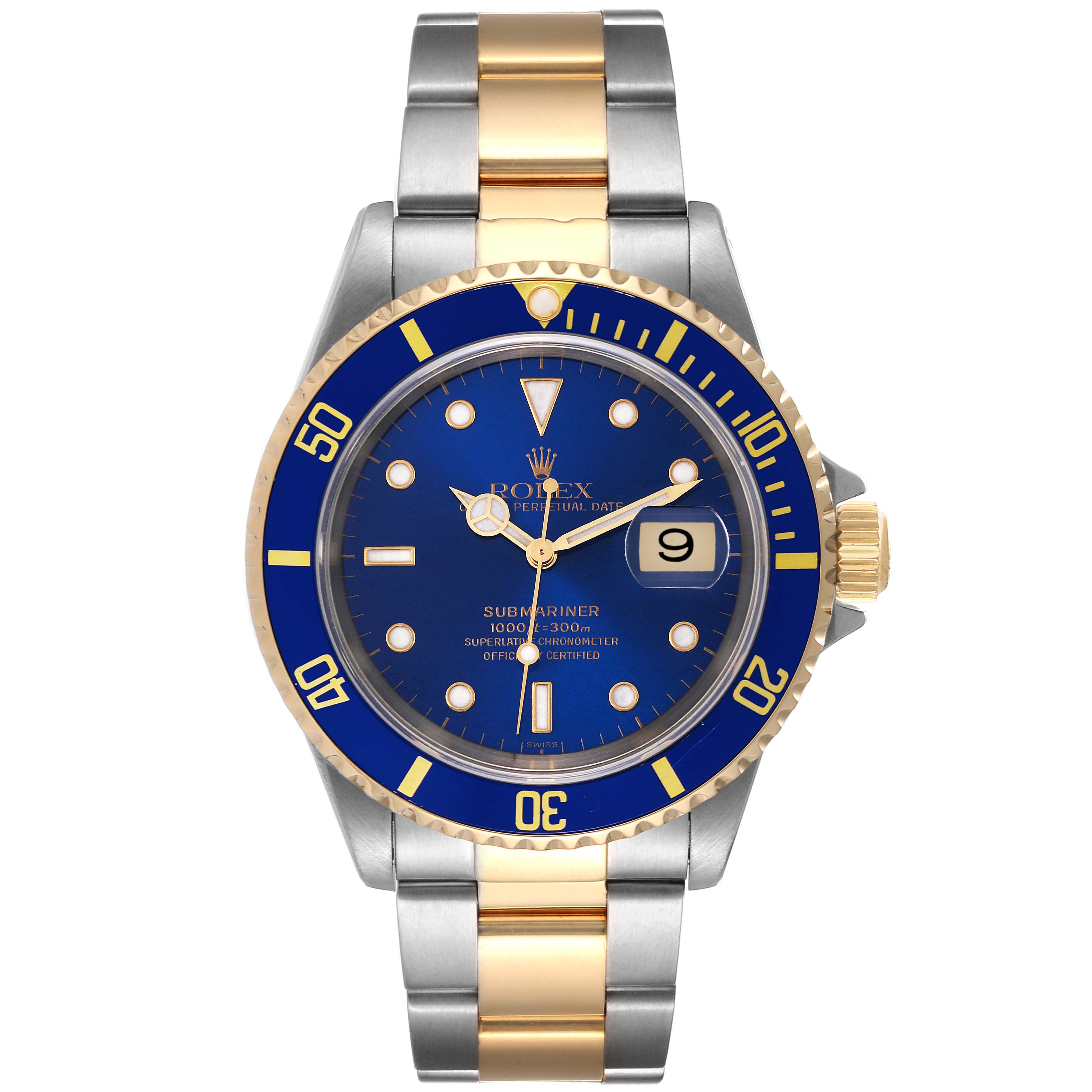 This is a frontal view of the Rolex Submariner 16613 Men
s Steel and Gold (two tone) Blue Dial 16613 Men
s Steel and Gold (two tone) Blue Dial watch, showing the face, bezel, crown, and part of the bracelet.