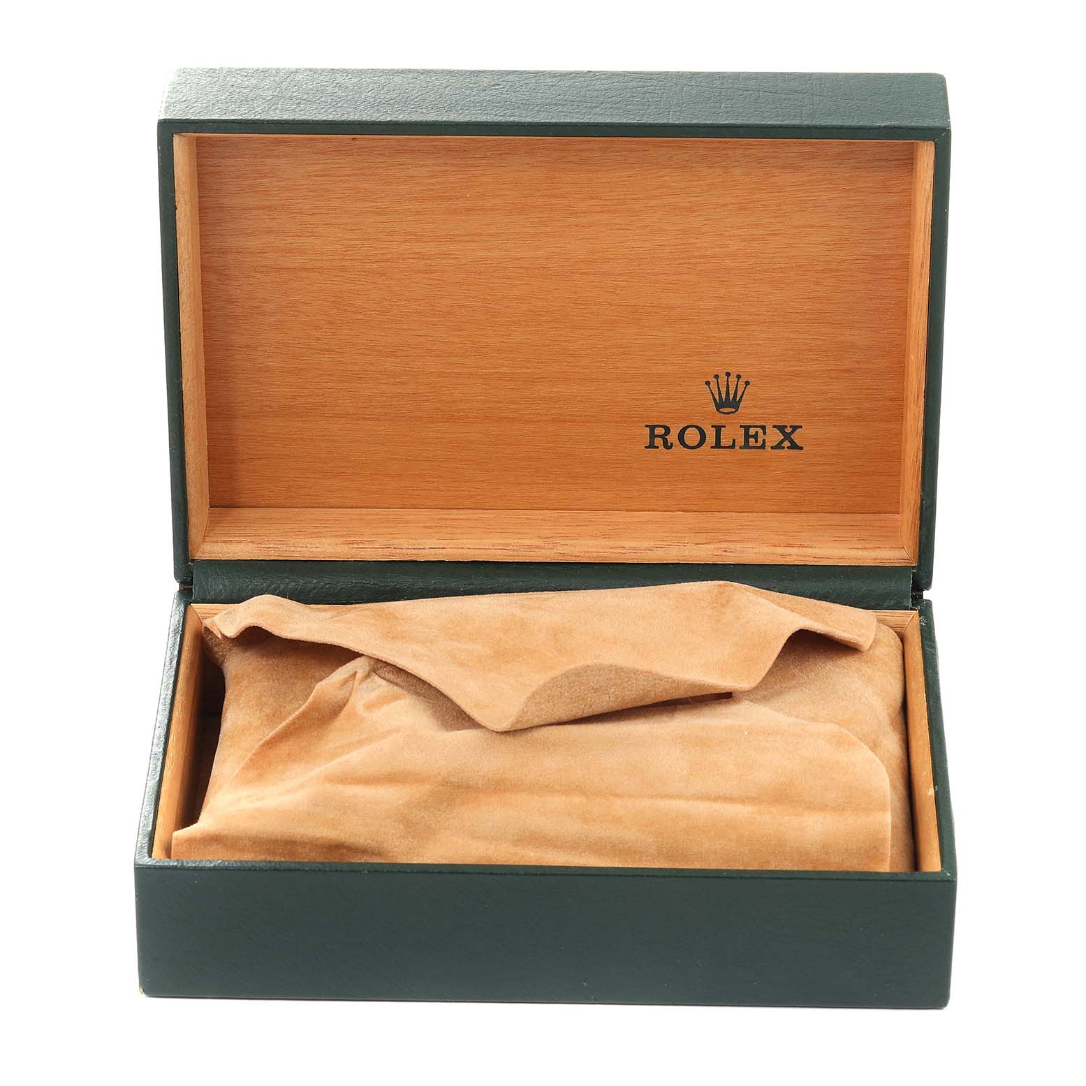 The image shows an open Rolex box with the inside of the box lid and a cloth-covered Submariner model by Rolex.