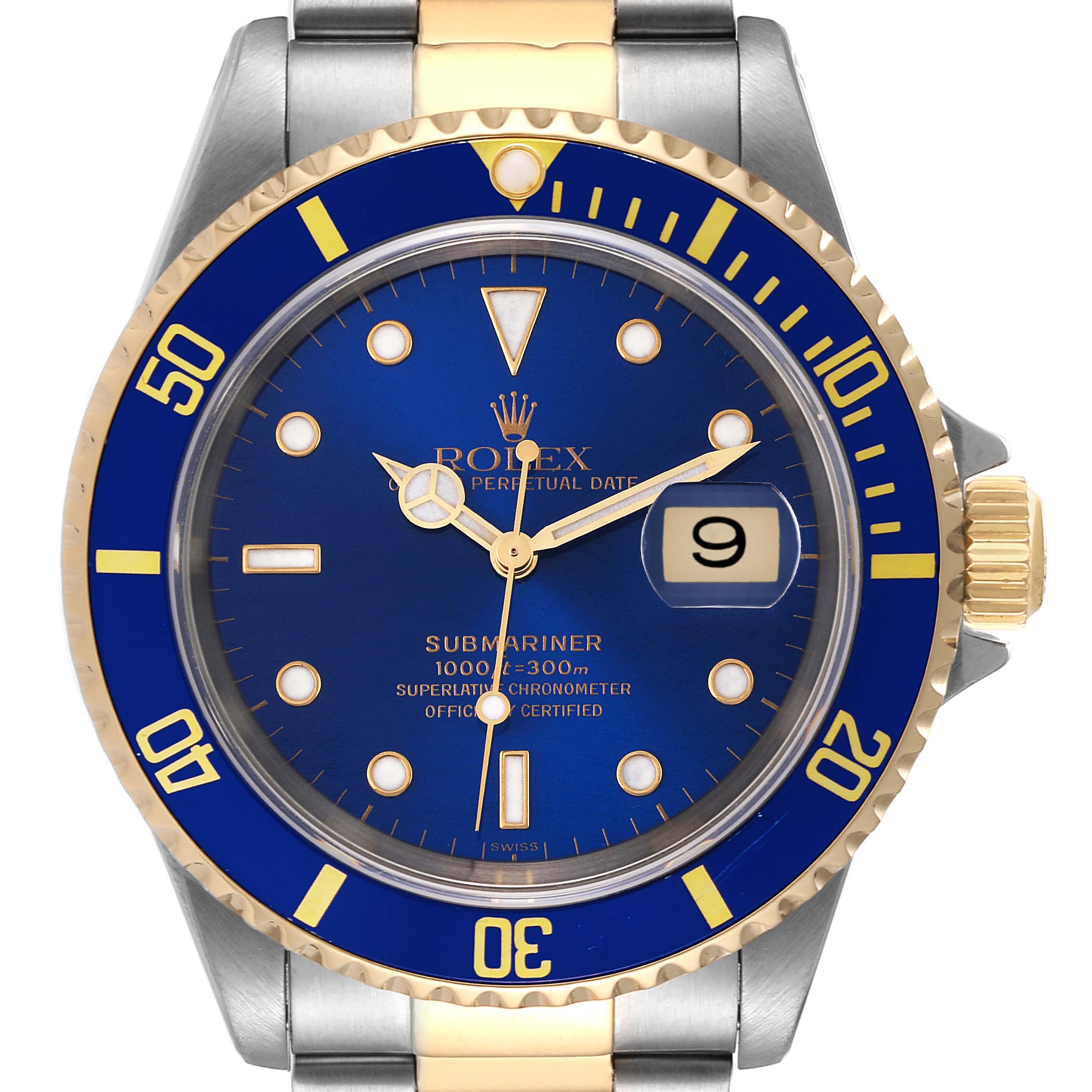 The image shows a front view of a Rolex Submariner 16613 Men
s Steel and Gold (two tone) Blue Dial 16613 Men
s Steel and Gold (two tone) Blue Dial watch featuring a blue dial and bezel, with gold and stainless steel accents.