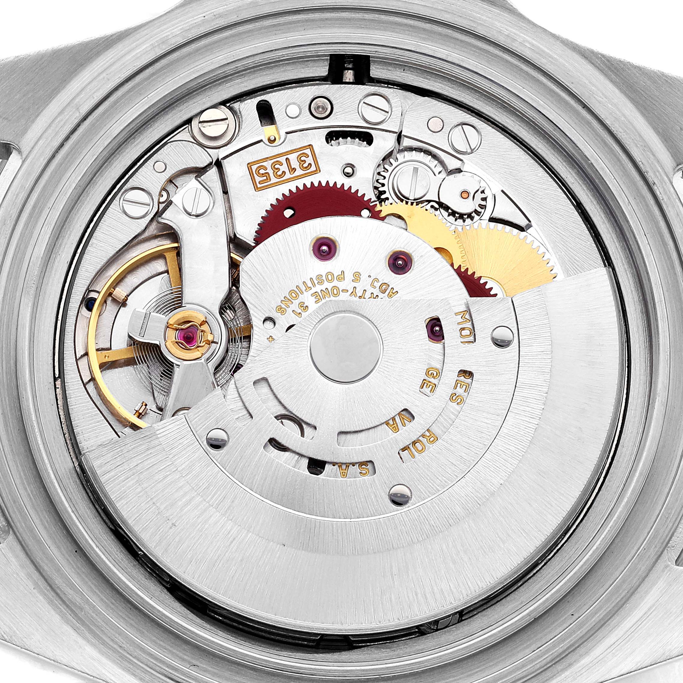 This image shows the internal movement mechanism of a Rolex Submariner 16613 Men
s Steel and Gold (two tone) Blue Dial 16613 Men
s Steel and Gold (two tone) Blue Dial watch from a top-down angle.