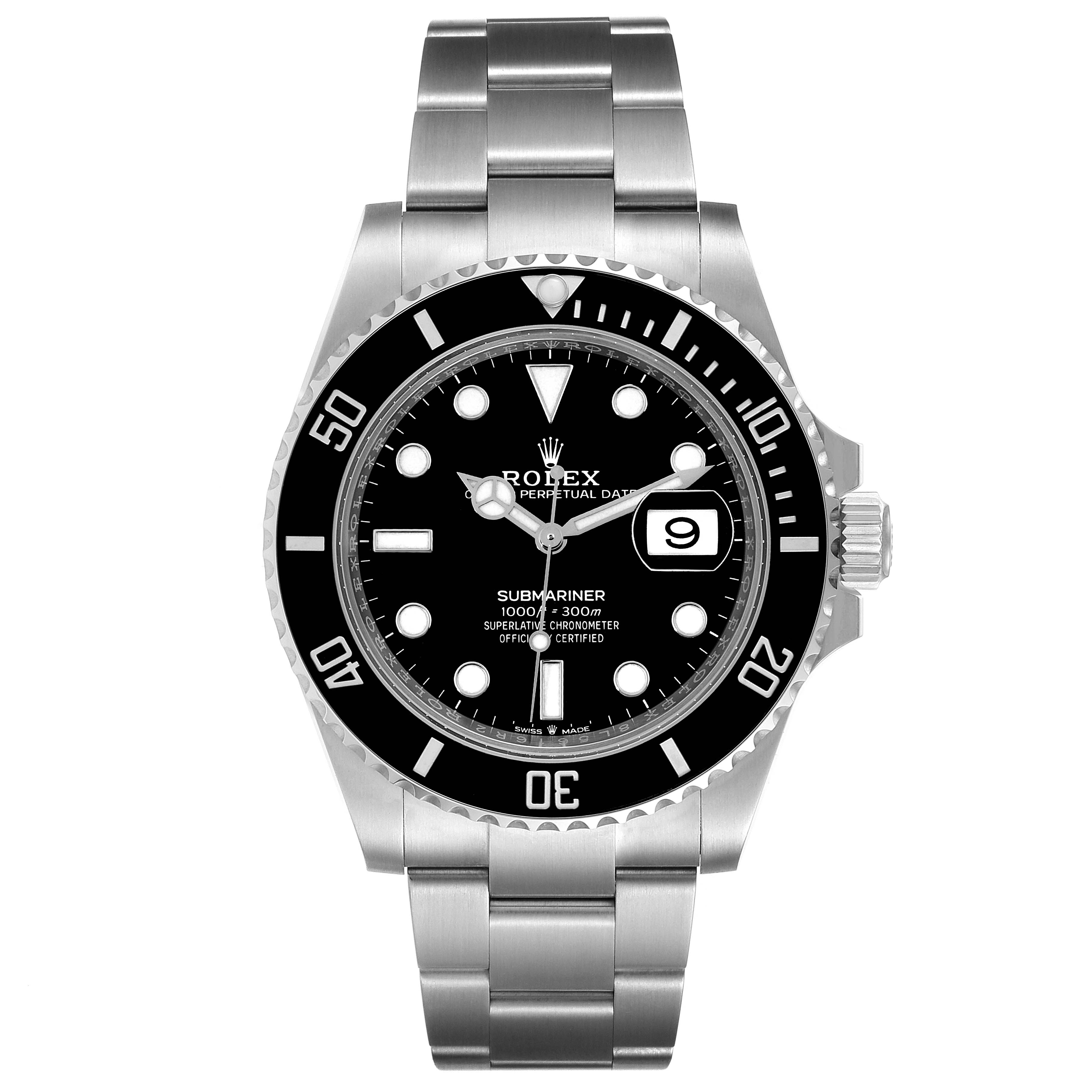 The image shows a frontal view of a Rolex Submariner 126610 Men
s Stainless Steel Black Dial 126610 Men
s Stainless Steel Black Dial watch, displaying the dial, bezel, case, and bracelet.