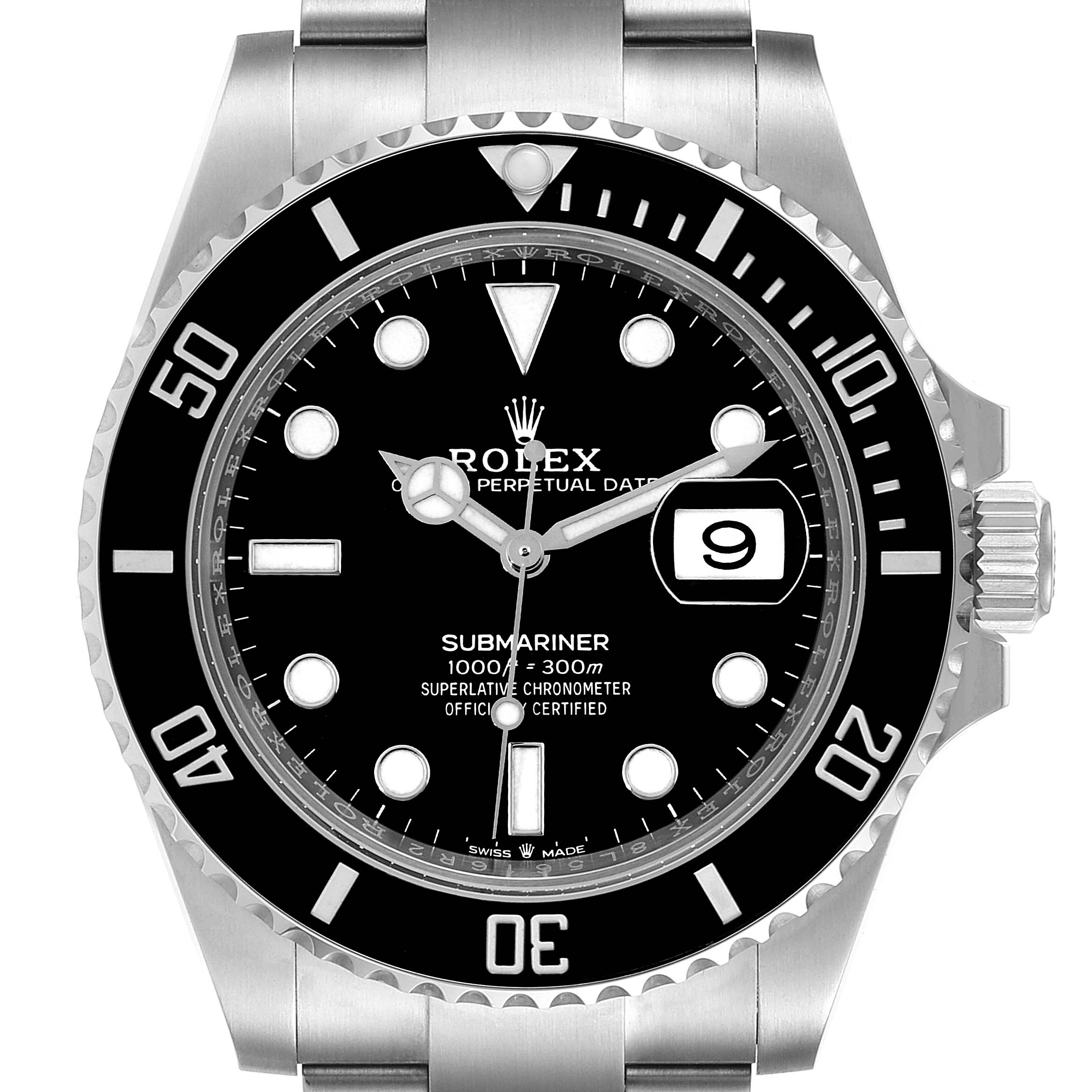 This image shows a front-facing view of a Rolex Submariner 126610 Men
s Stainless Steel Black Dial 126610 Men
s Stainless Steel Black Dial watch, highlighting the bezel, dial, and bracelet.