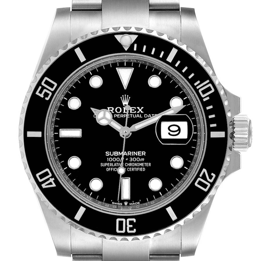 This image shows a front-facing view of a Rolex Submariner watch, highlighting the bezel, dial, and bracelet.