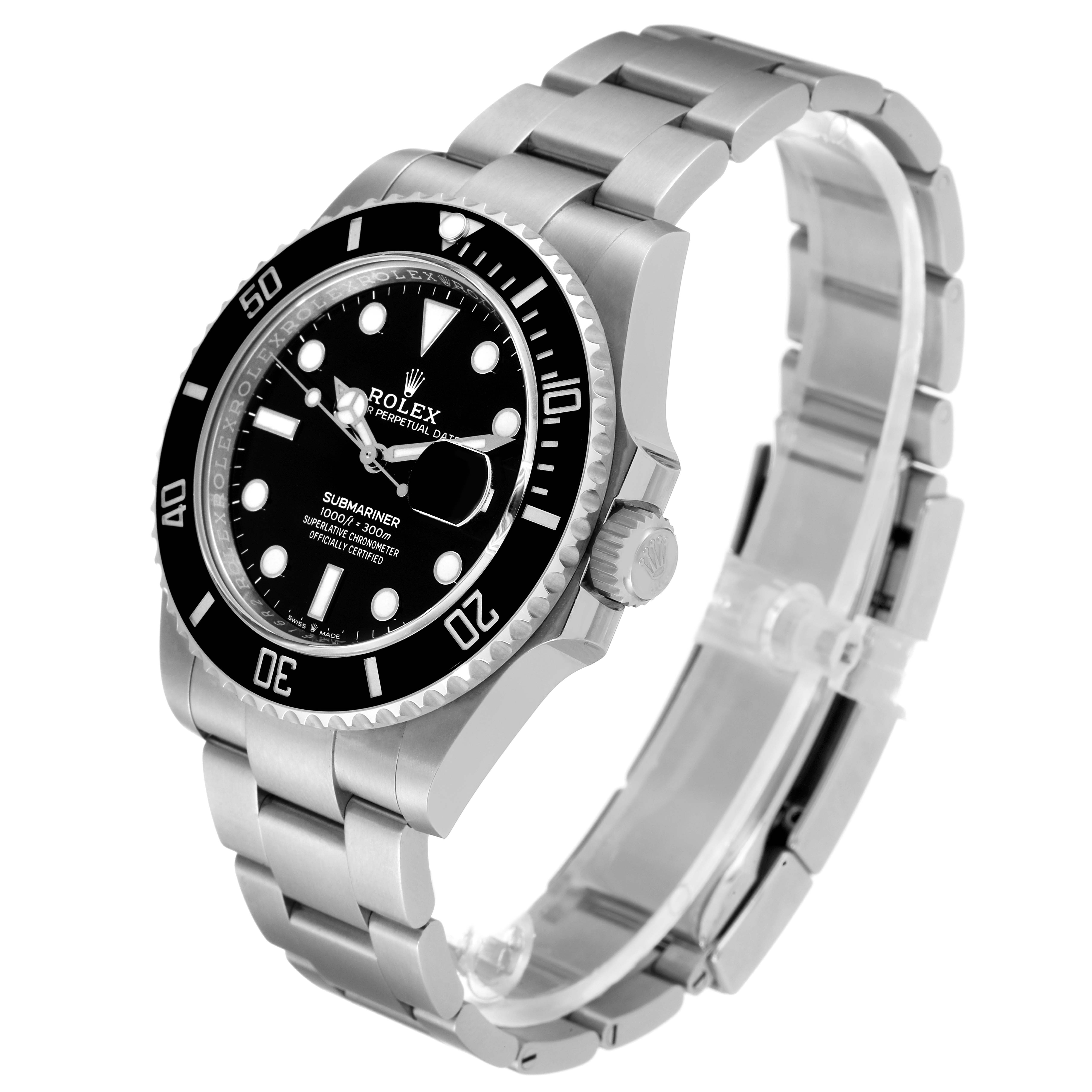 The image shows a side and top view of the Rolex Submariner 126610 Men
s Stainless Steel Black Dial 126610 Men
s Stainless Steel Black Dial watch, displaying the face, bracelet, and bezel.