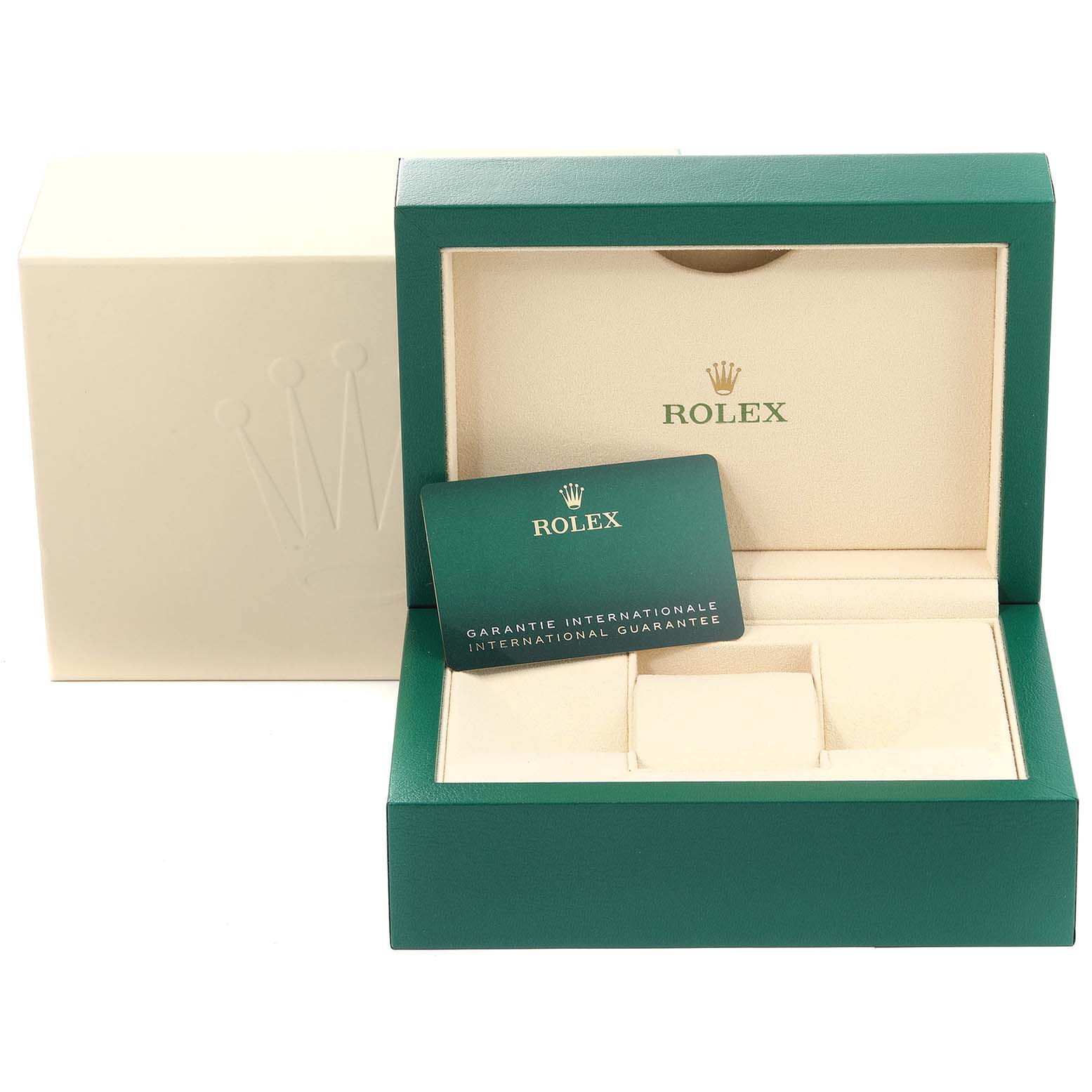 The image shows the packaging and warranty card for a Rolex Submariner 126610 Men
s Stainless Steel Black Dial 126610 Men
s Stainless Steel Black Dial watch, including a green and gold colored box.