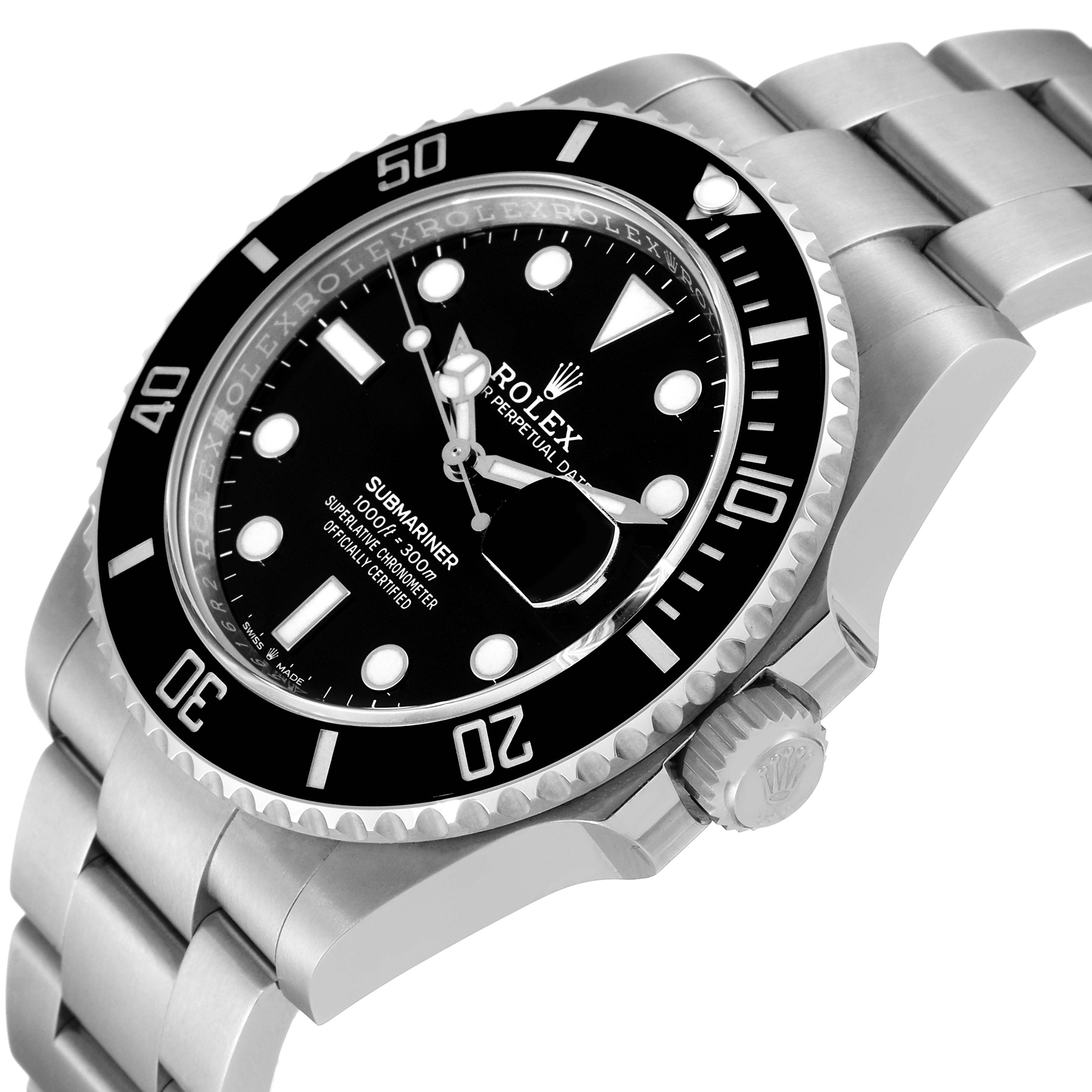 The image shows a Rolex Submariner 126610 Men
s Stainless Steel Black Dial 126610 Men
s Stainless Steel Black Dial watch at an angled side view, displaying its dial, bezel, bracelet, and crown.