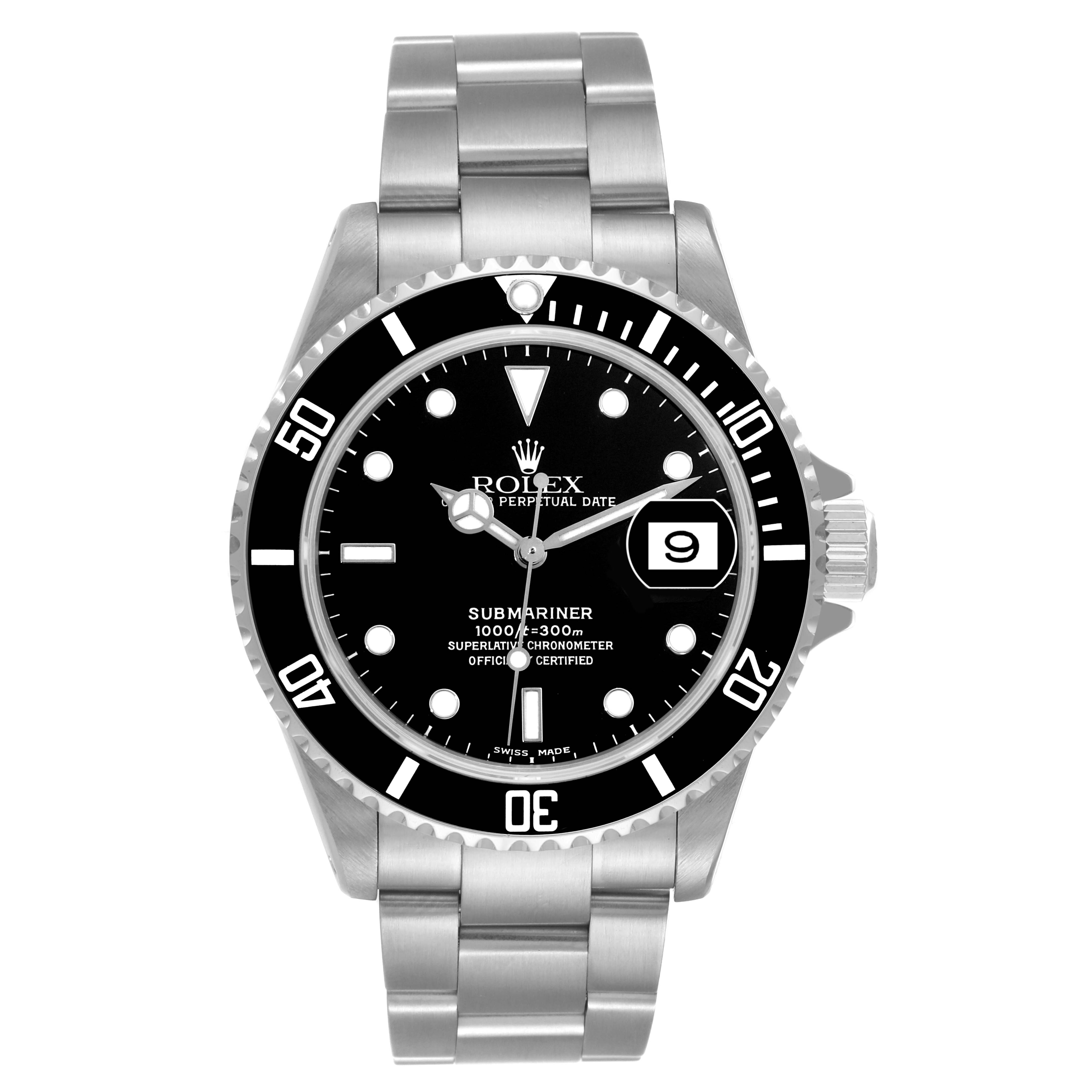 The image shows a front view of a Rolex Submariner 16610 Men
s Stainless Steel Black Dial 16610 Men
s Stainless Steel Black Dial watch, displaying the face, bezel, crown, and bracelet.