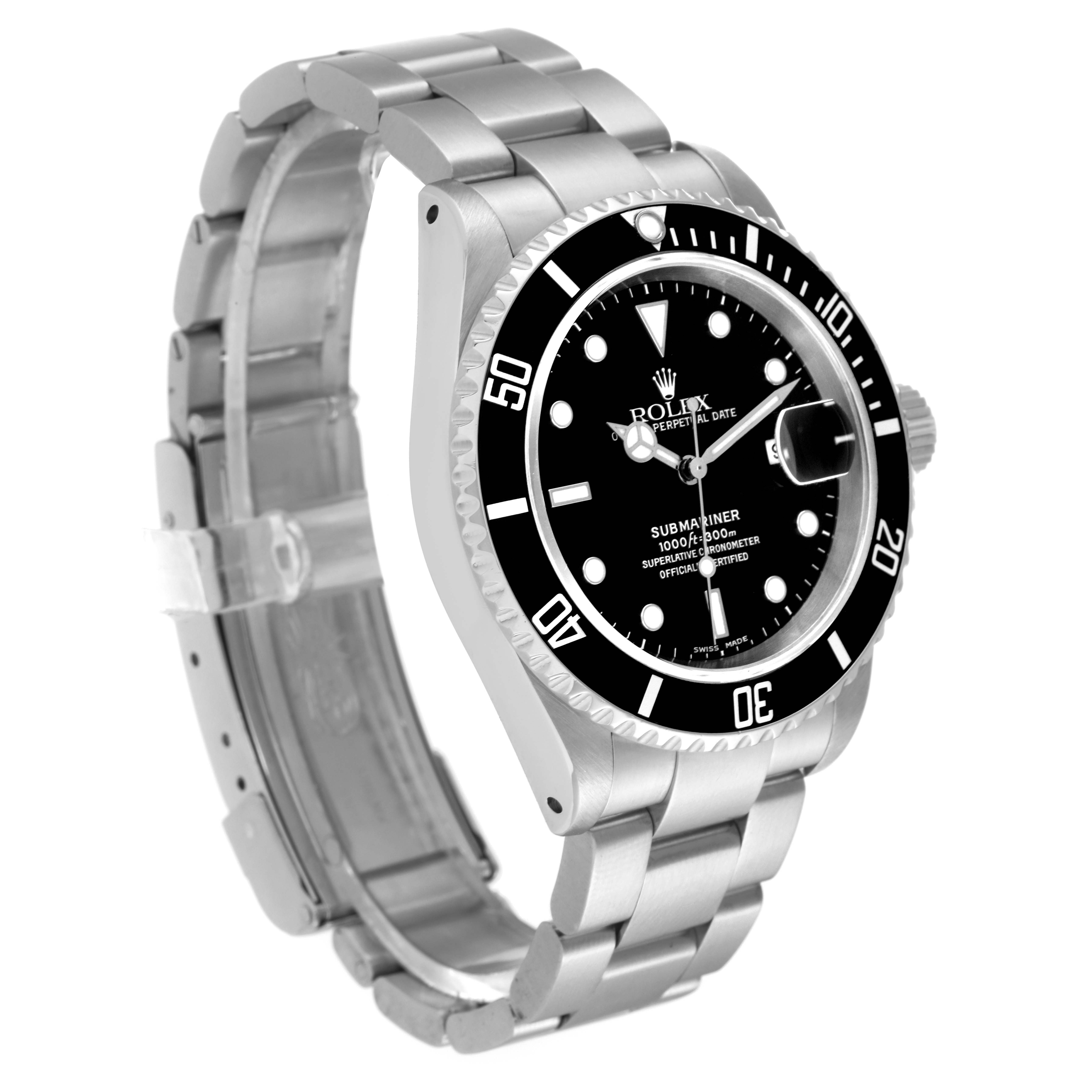 This image shows a Rolex Submariner 16610 Men
s Stainless Steel Black Dial 16610 Men
s Stainless Steel Black Dial watch at a slight angle, displaying the face, bezel, crown, and metal bracelet.