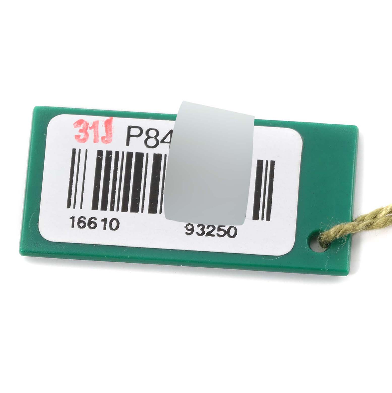 This image shows a green Rolex Submariner 16610 Men
s Stainless Steel Black Dial 16610 Men
s Stainless Steel Black Dial model tag with barcodes and model numbers, attached to a string.