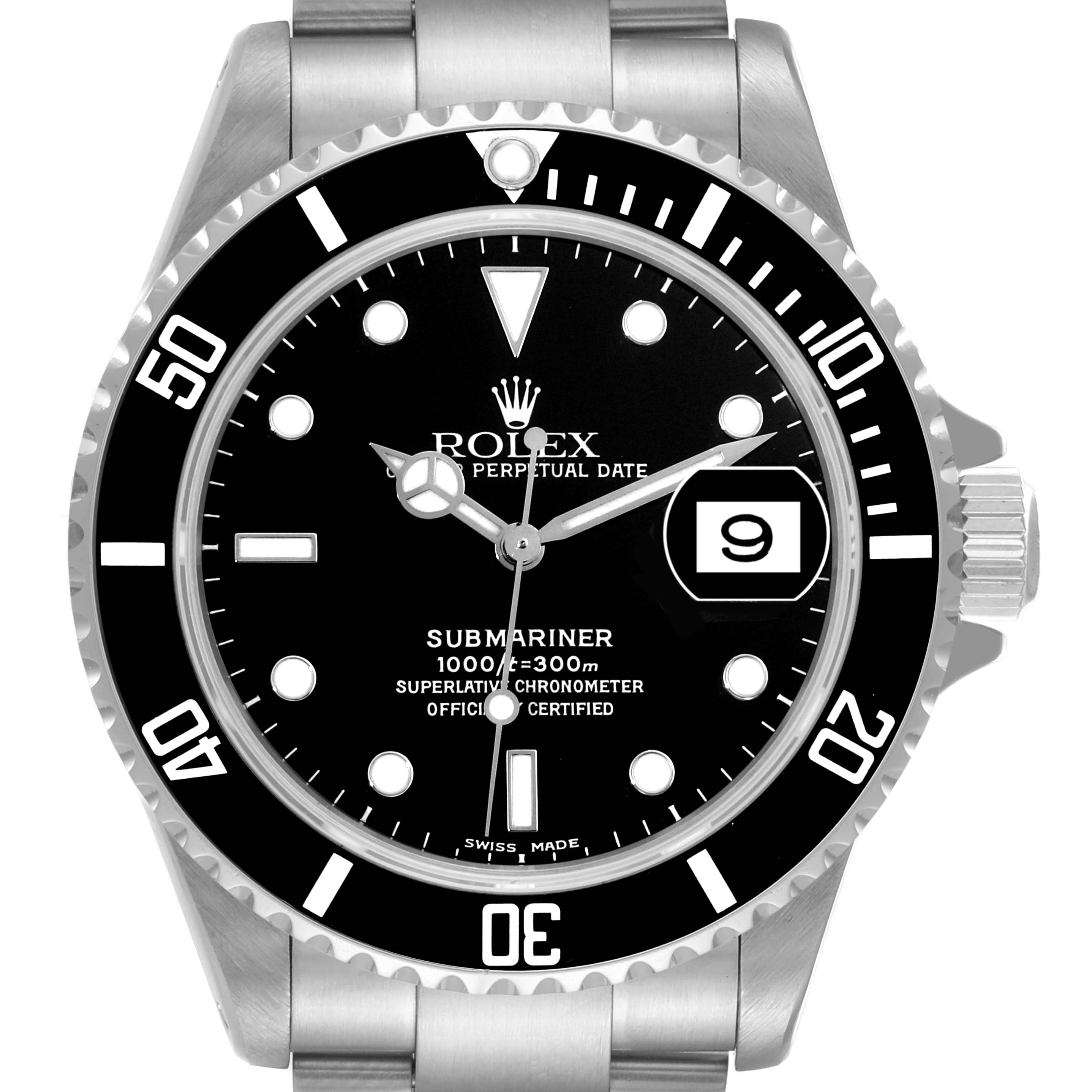 The image shows a front view of a Rolex Submariner 16610 Men
s Stainless Steel Black Dial 16610 Men
s Stainless Steel Black Dial watch, showcasing the dial, bezel, and part of the bracelet.