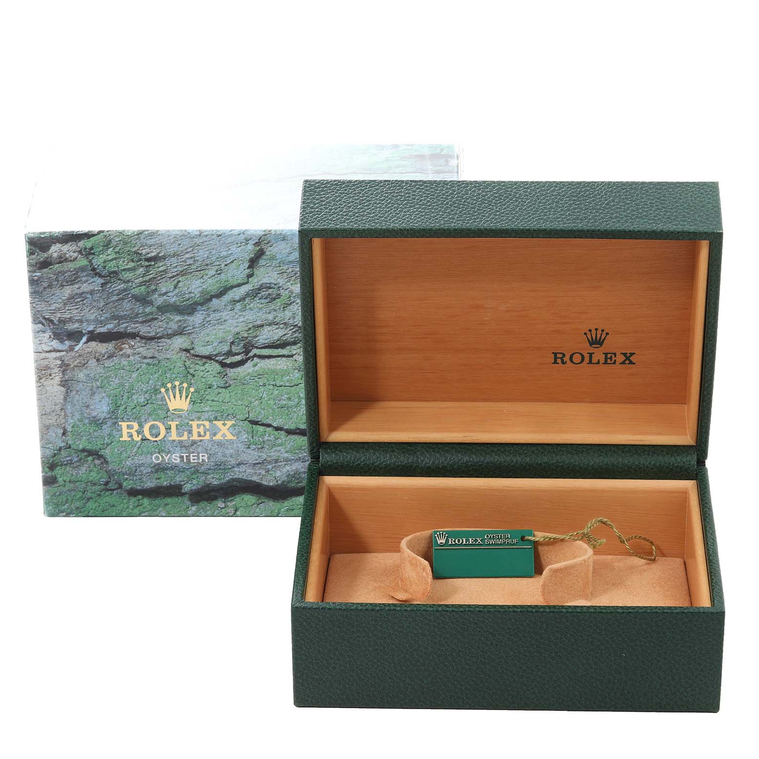 The image shows the open box and packaging for a Rolex Submariner 16610 Men
s Stainless Steel Black Dial 16610 Men
s Stainless Steel Black Dial watch, featuring the brand logo and a green outer box.