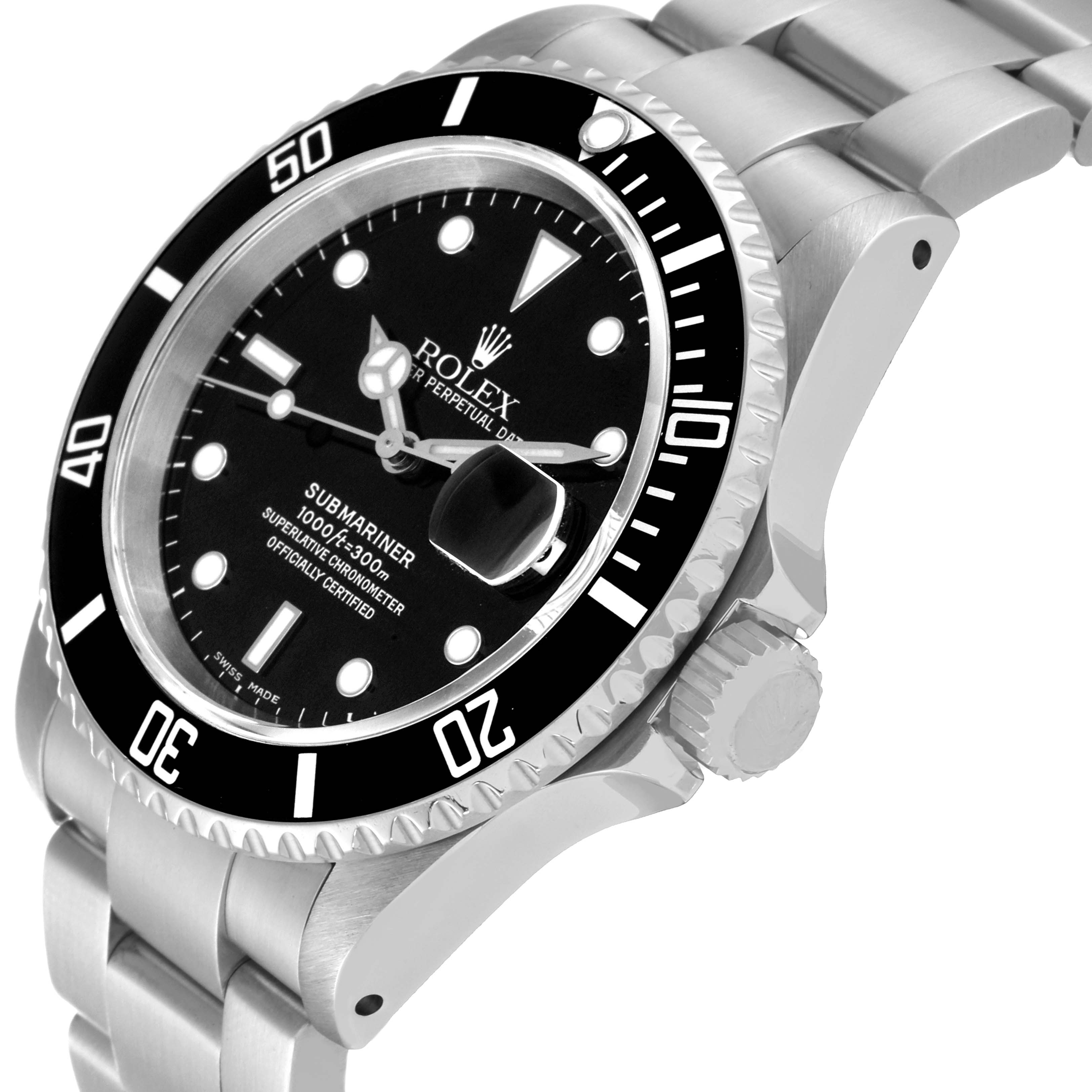 The image shows a side and partial top view of the Rolex Submariner 16610 Men
s Stainless Steel Black Dial 16610 Men
s Stainless Steel Black Dial watch, highlighting the bezel, dial, crown, and bracelet.