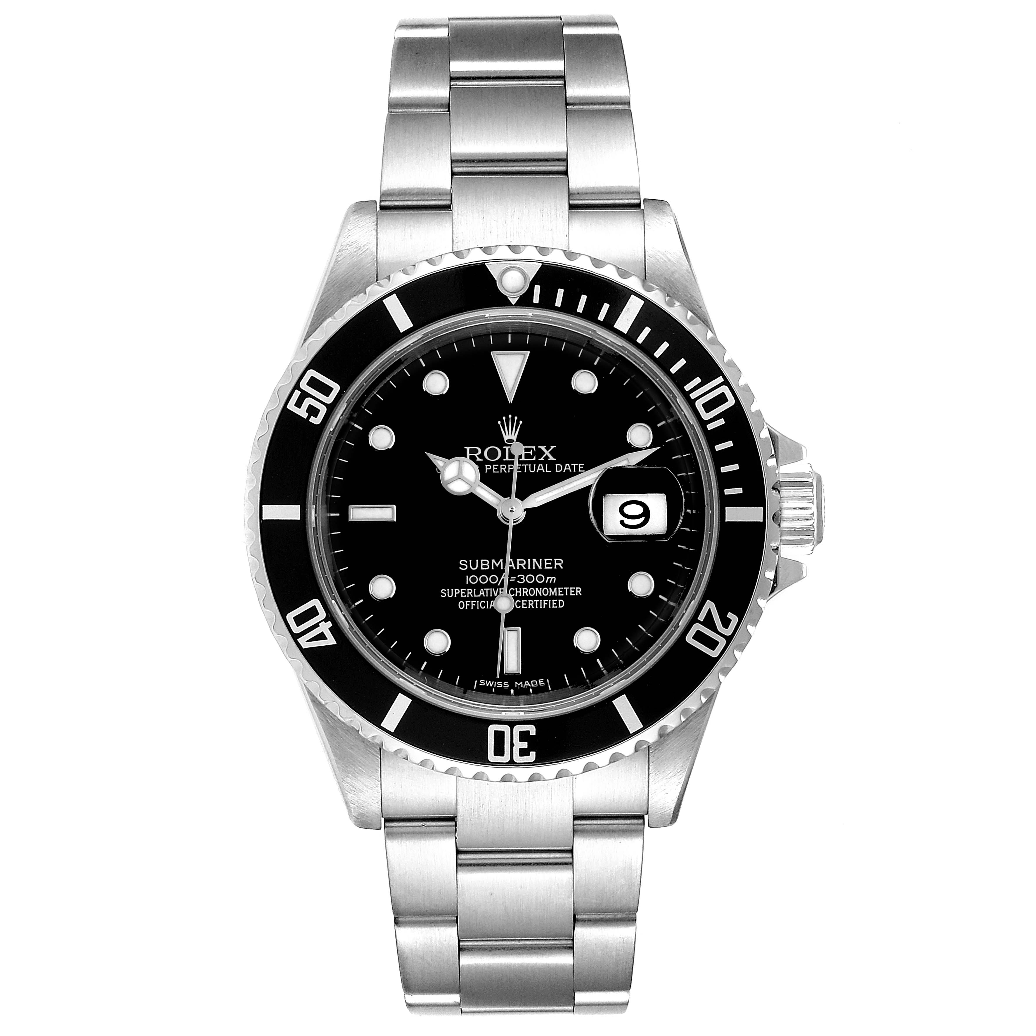 This image shows a front view of a Rolex Submariner 16610 Men's Stainless Steel Black Dial 16610 Men's Stainless Steel Black Dial watch with a stainless steel bracelet and black dial.