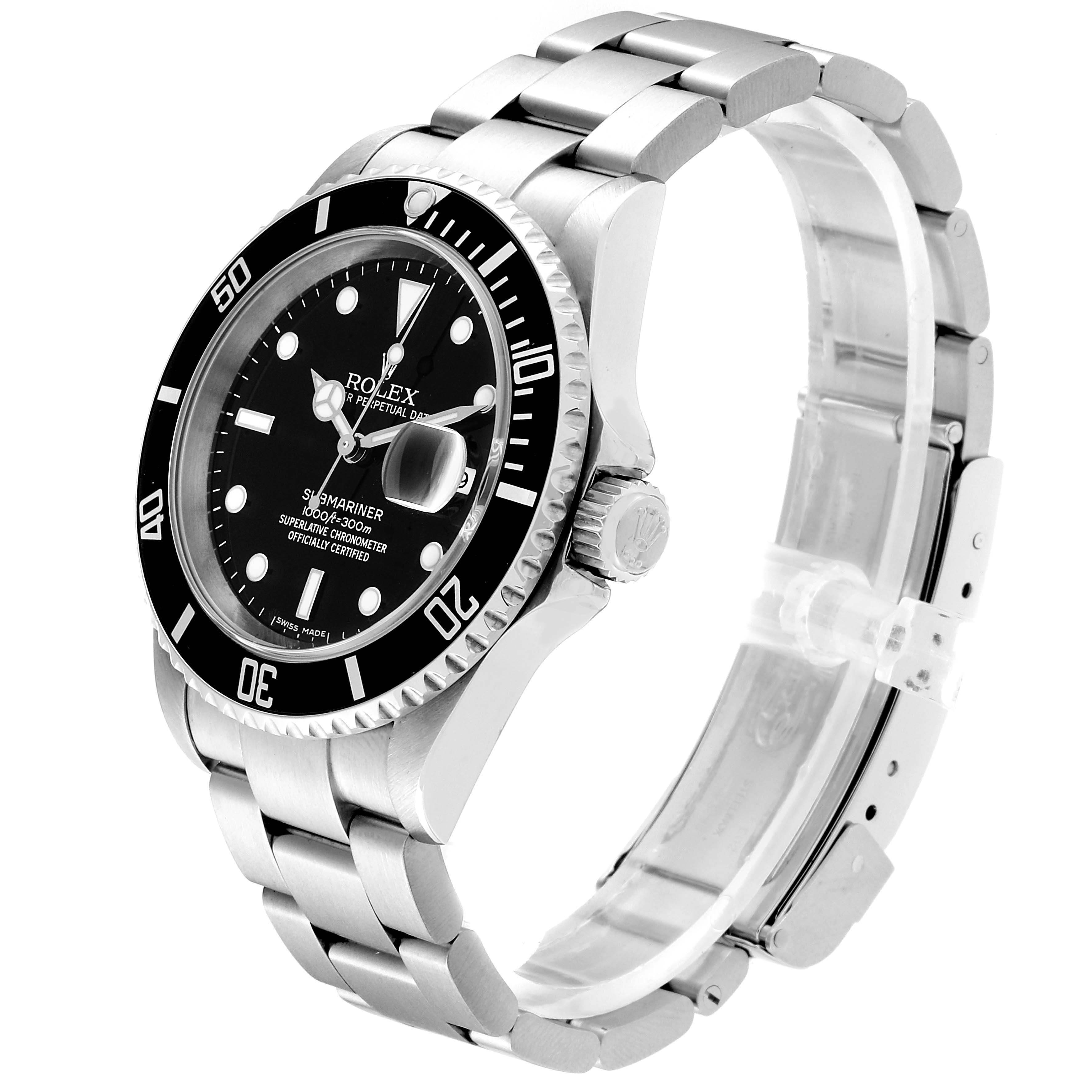 This image shows a side angle of the Rolex Submariner 16610 Men's Stainless Steel Black Dial 16610 Men's Stainless Steel Black Dial watch, highlighting its bracelet, crown, and black bezel.