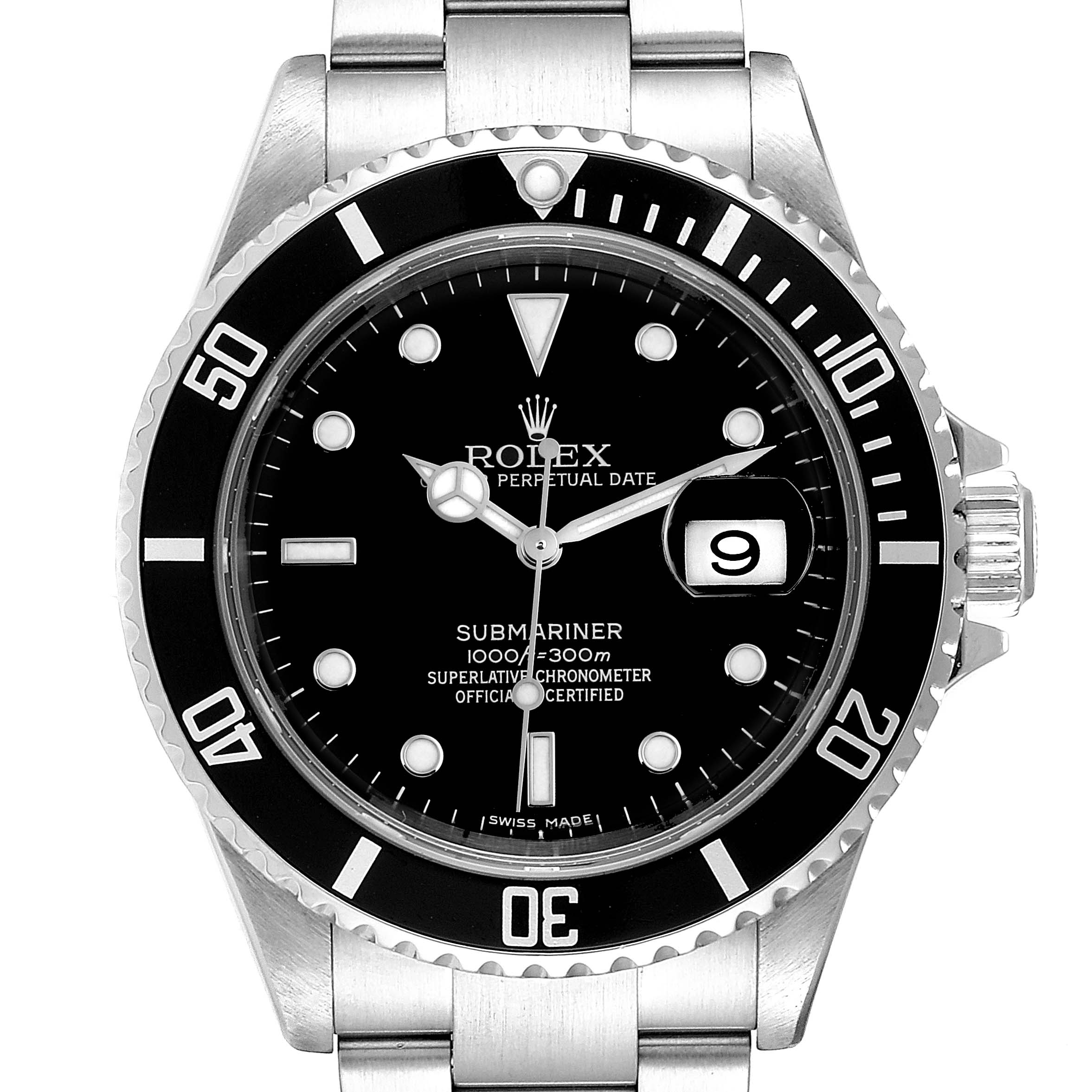 This is a front view of a Rolex Submariner 16610 Men's Stainless Steel Black Dial 16610 Men's Stainless Steel Black Dial watch, showing the dial, bezel, date window, and part of the bracelet.