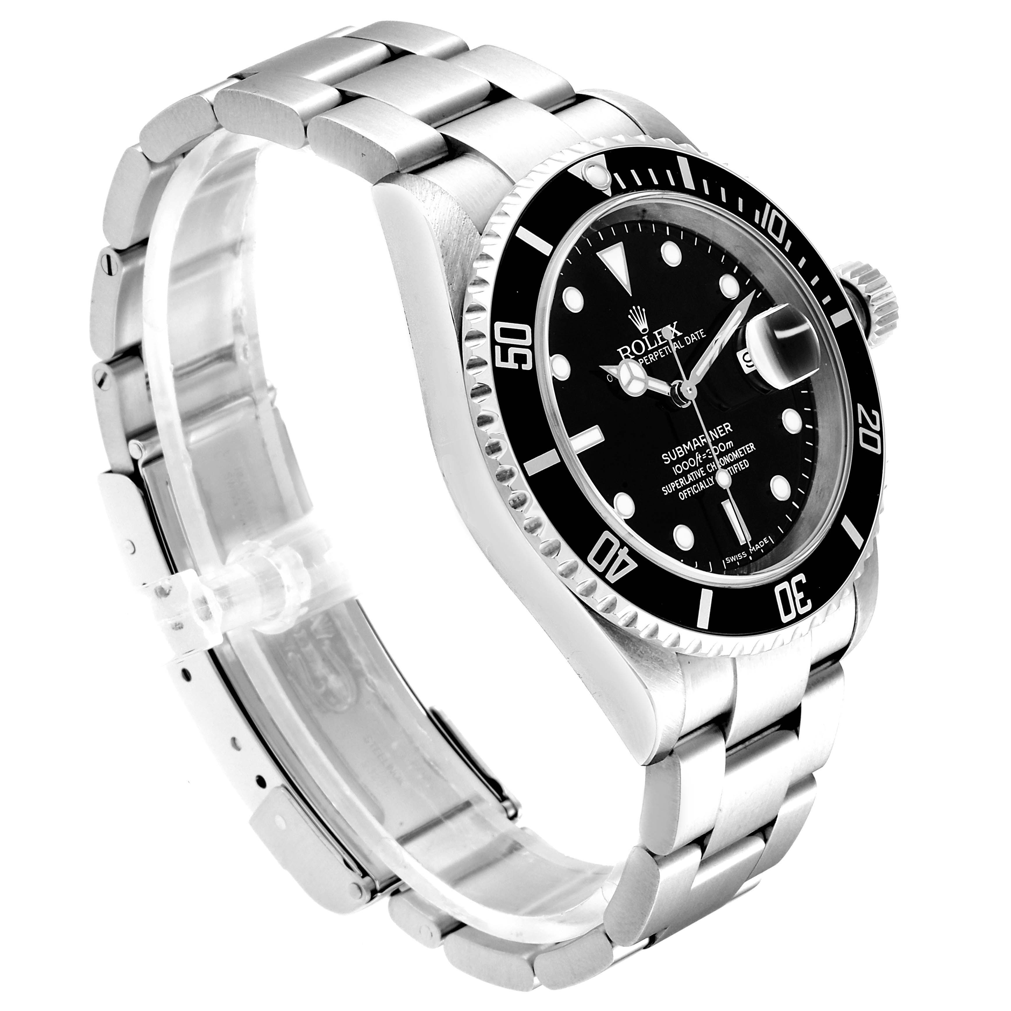 The image shows a side-angle view of the Rolex Submariner 16610 Men's Stainless Steel Black Dial 16610 Men's Stainless Steel Black Dial watch featuring its face, bezel, crown, and part of the metal bracelet.