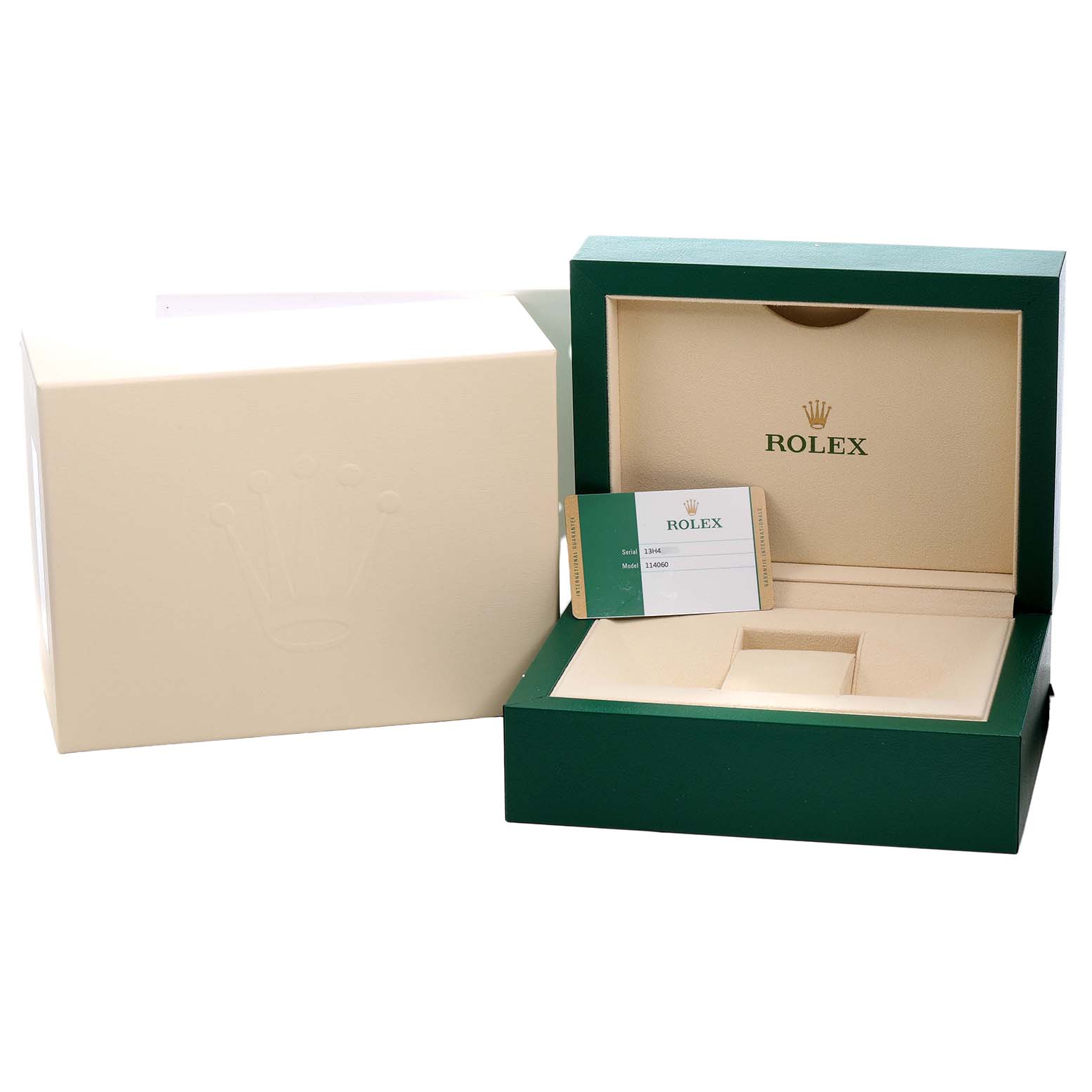 The image shows a Rolex Submariner 114060 Men's Stainless Steel Black Dial box and guarantee card, with the box open to display the interior.