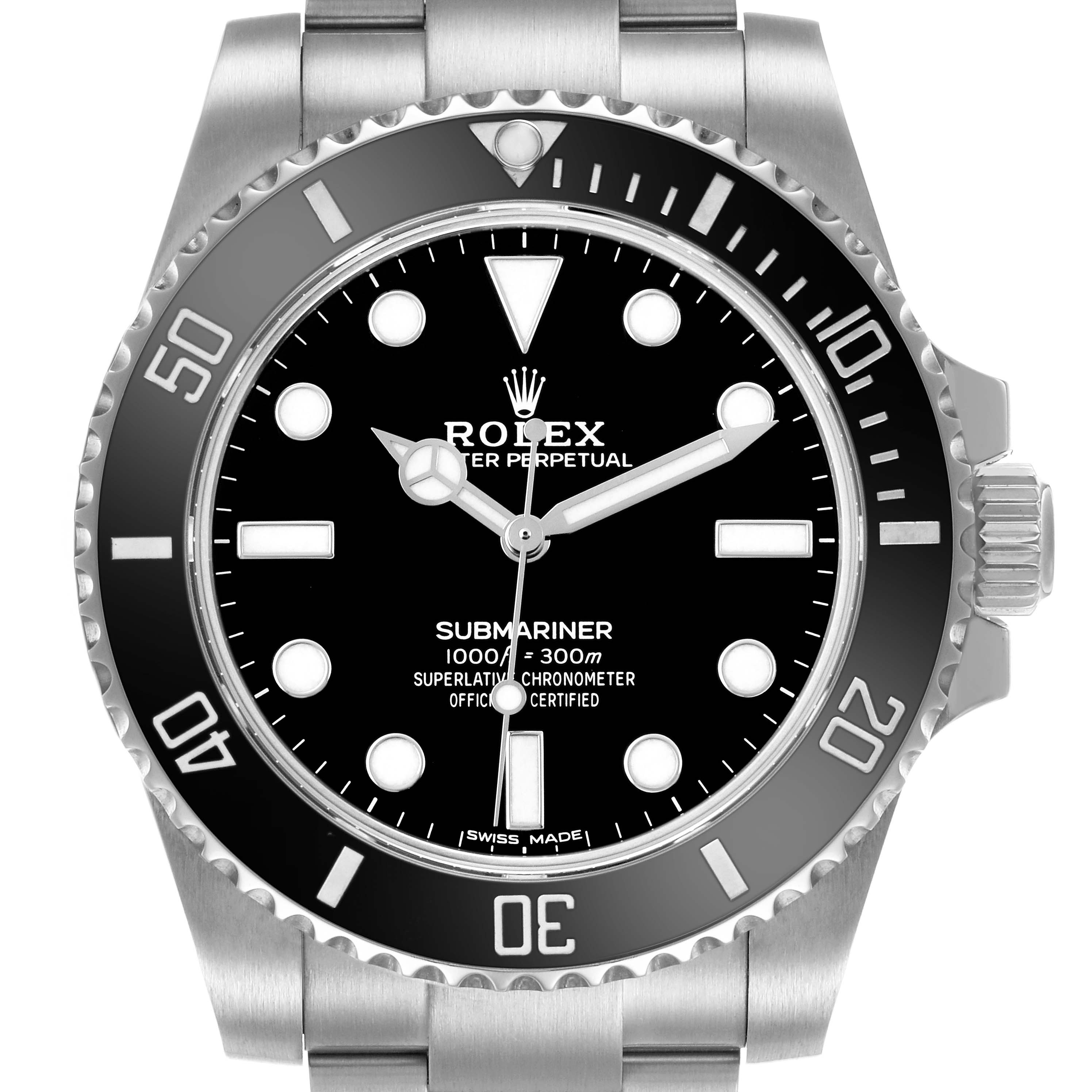 The Rolex Submariner 114060 Men's Stainless Steel Black Dial watch is shown from a frontal angle, highlighting the dial, bezel, and crown.