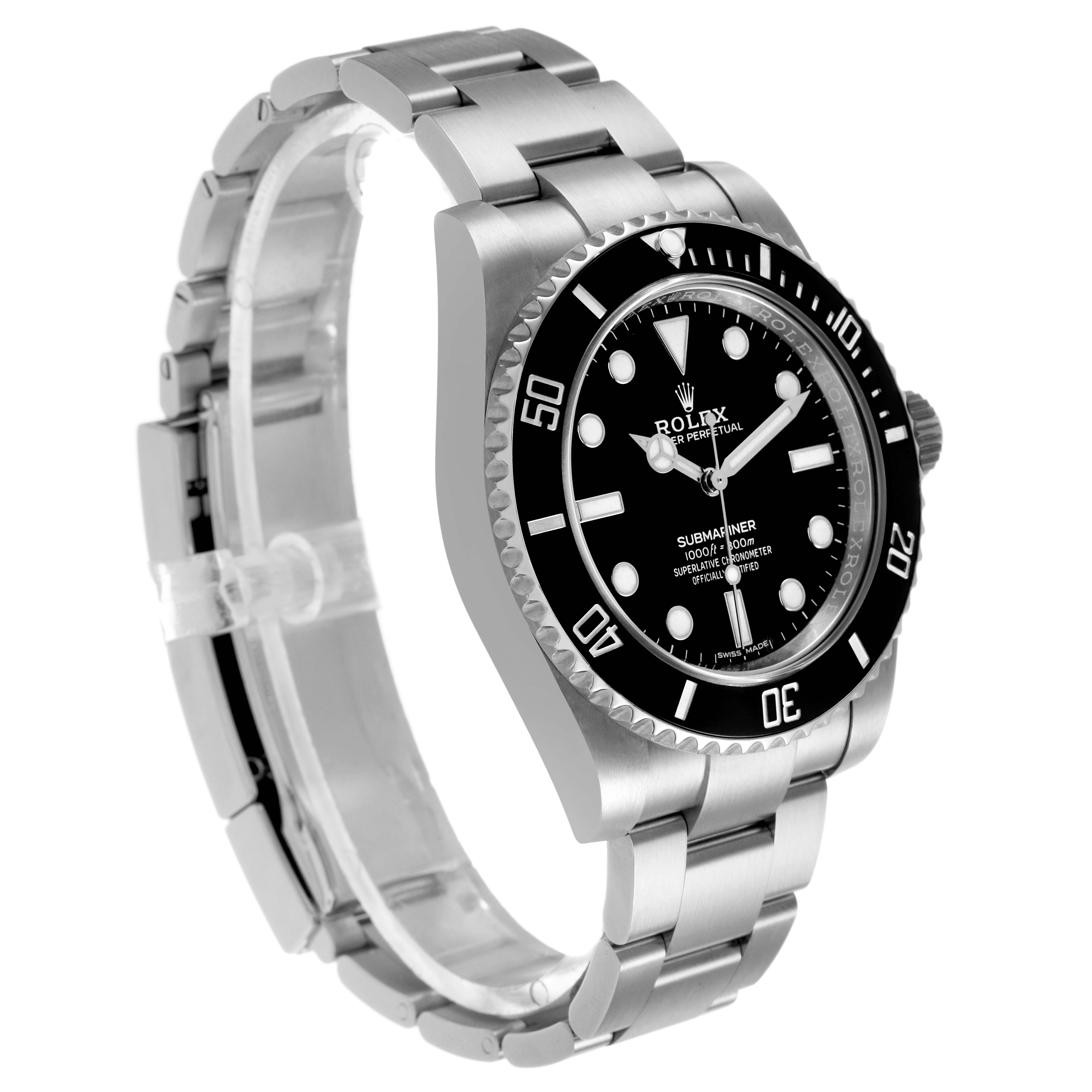 The Rolex Submariner 114060 Men's Stainless Steel Black Dial is shown at a three-quarter angle, highlighting the bezel, dial, and bracelet.