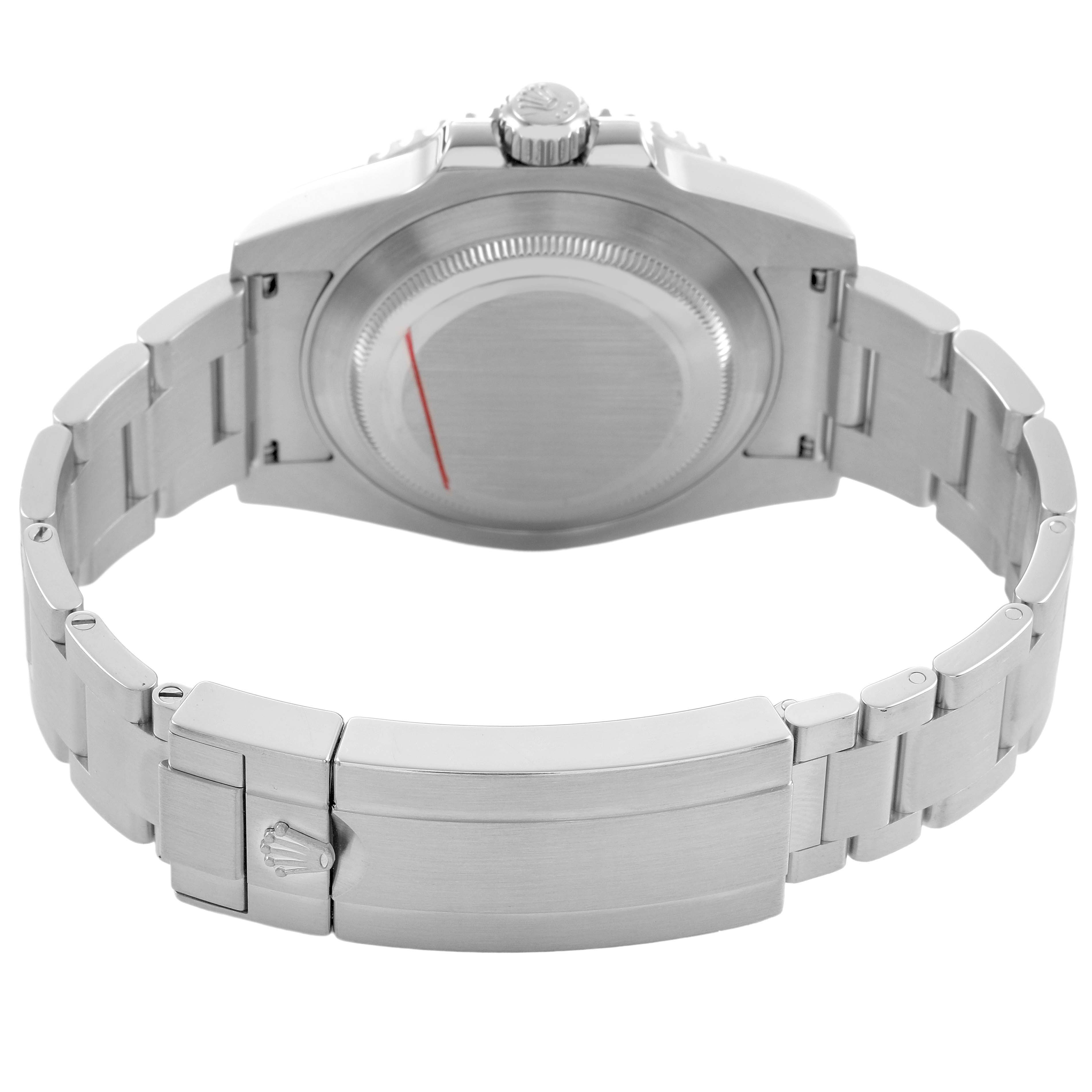 The Rolex Submariner 114060 Men's Stainless Steel Black Dial watch is shown from the back, highlighting the clasp, bracelet, case back, and crown.
