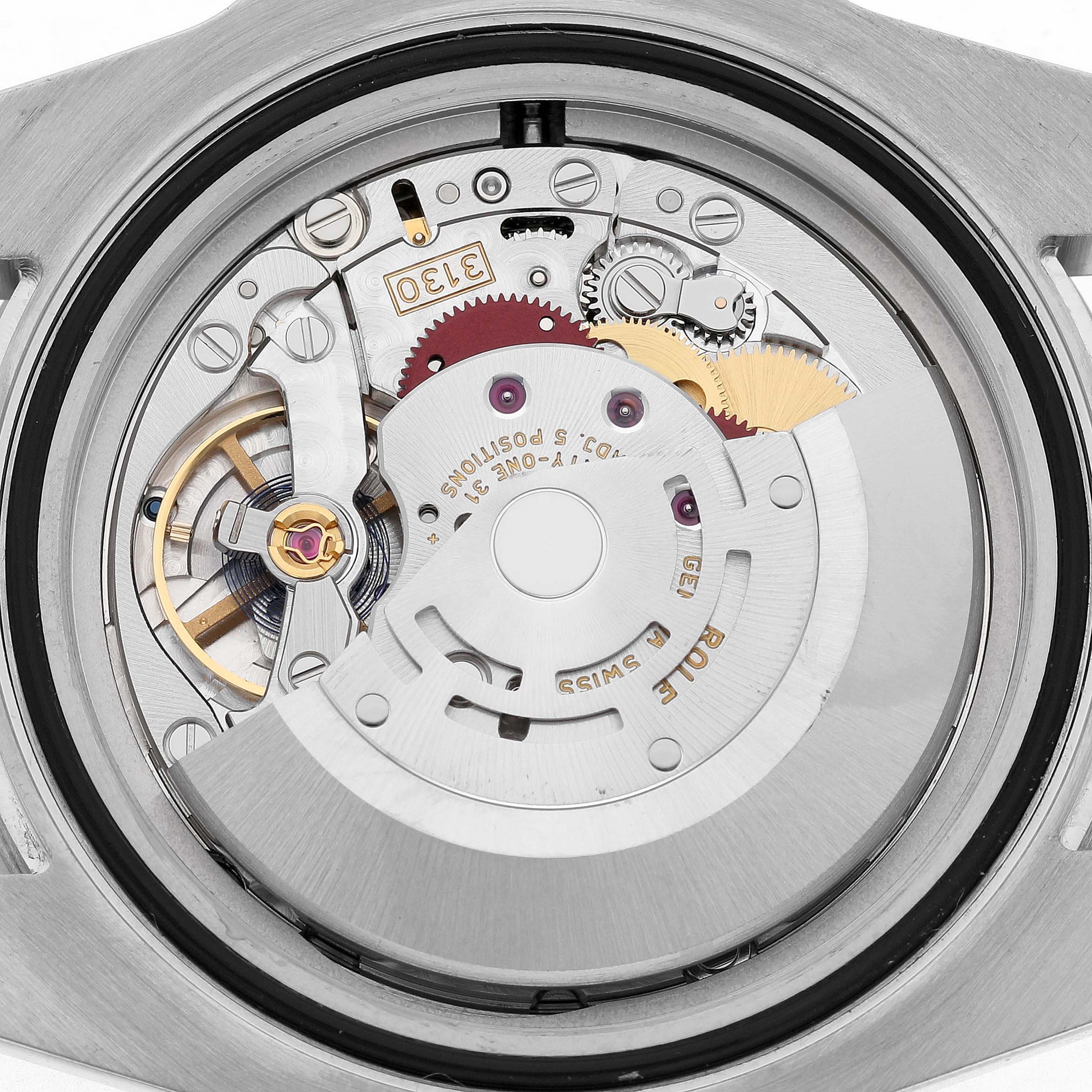 The image shows the movement mechanism of a Rolex Submariner 114060 Men's Stainless Steel Black Dial watch from a top-down angle.
