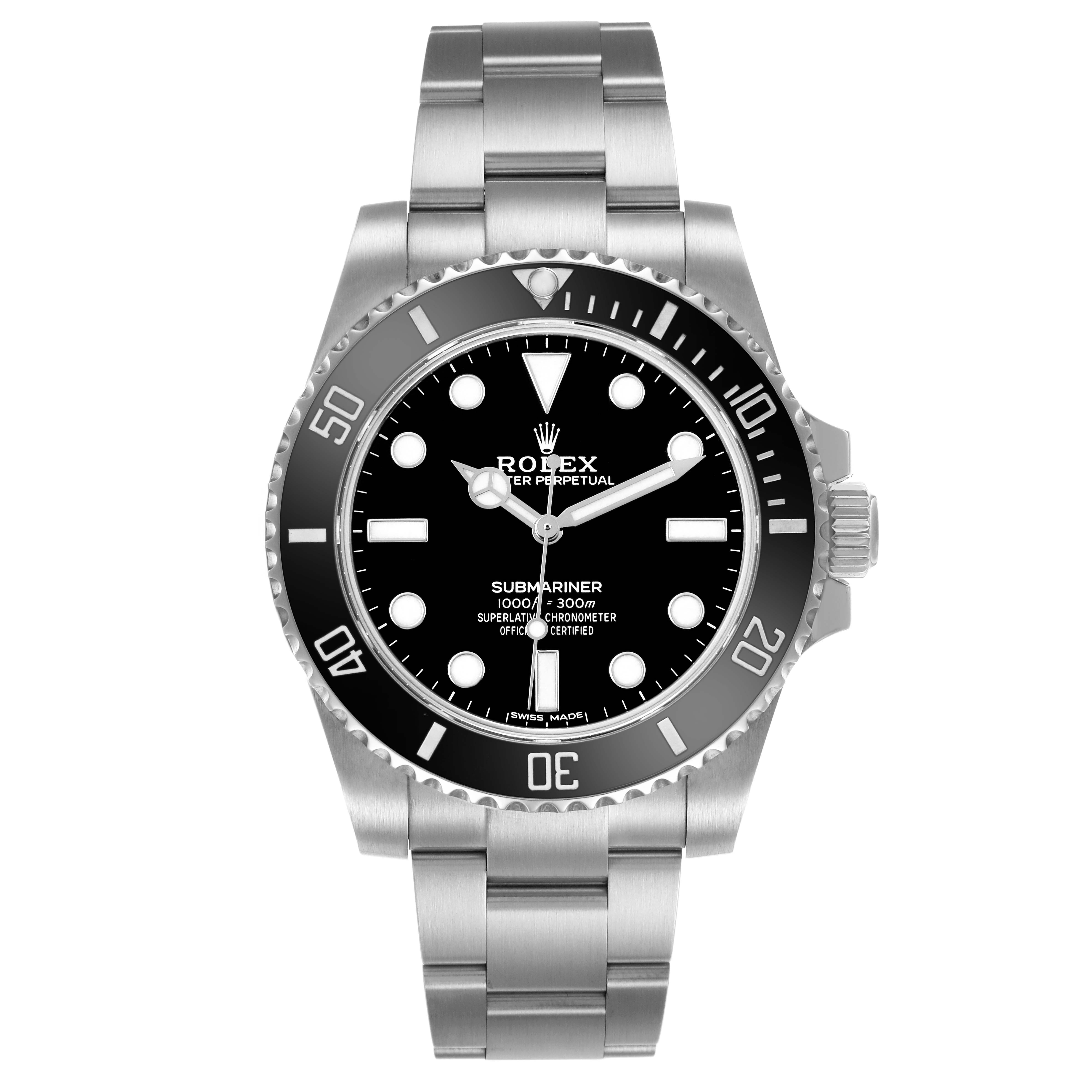 The Rolex Submariner 114060 Men's Stainless Steel Black Dial watch is shown from a front angle, displaying the dial, bezel, and bracelet clearly.