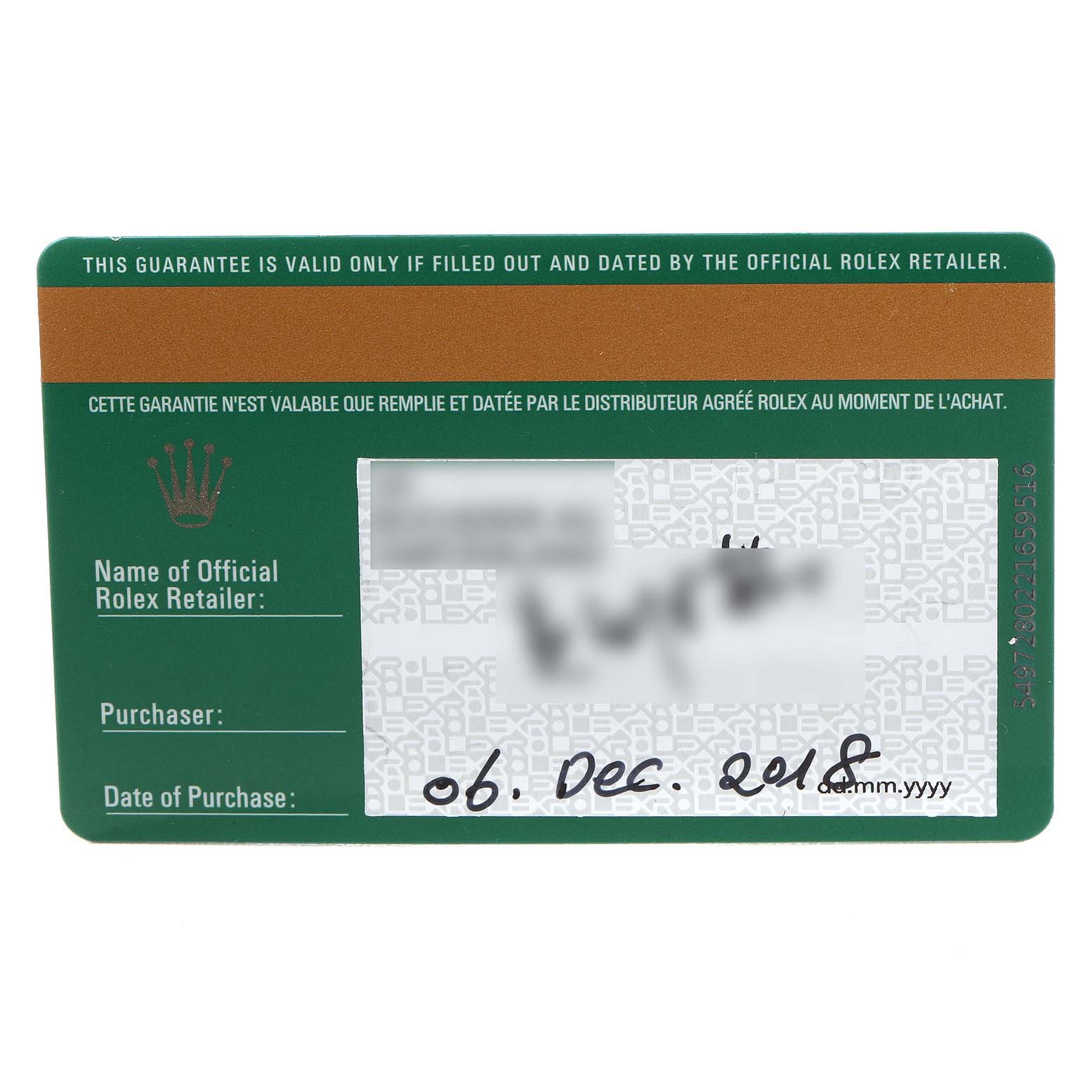 The image shows a guarantee card for a Rolex Submariner 114060 Men's Stainless Steel Black Dial watch, displaying details like the retailer's name and the purchase date.