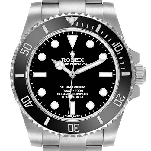 The Rolex Submariner 114060 Men's Stainless Steel Black Dial watch is shown from a front view, highlighting the dial, bezel, and part of the bracelet.