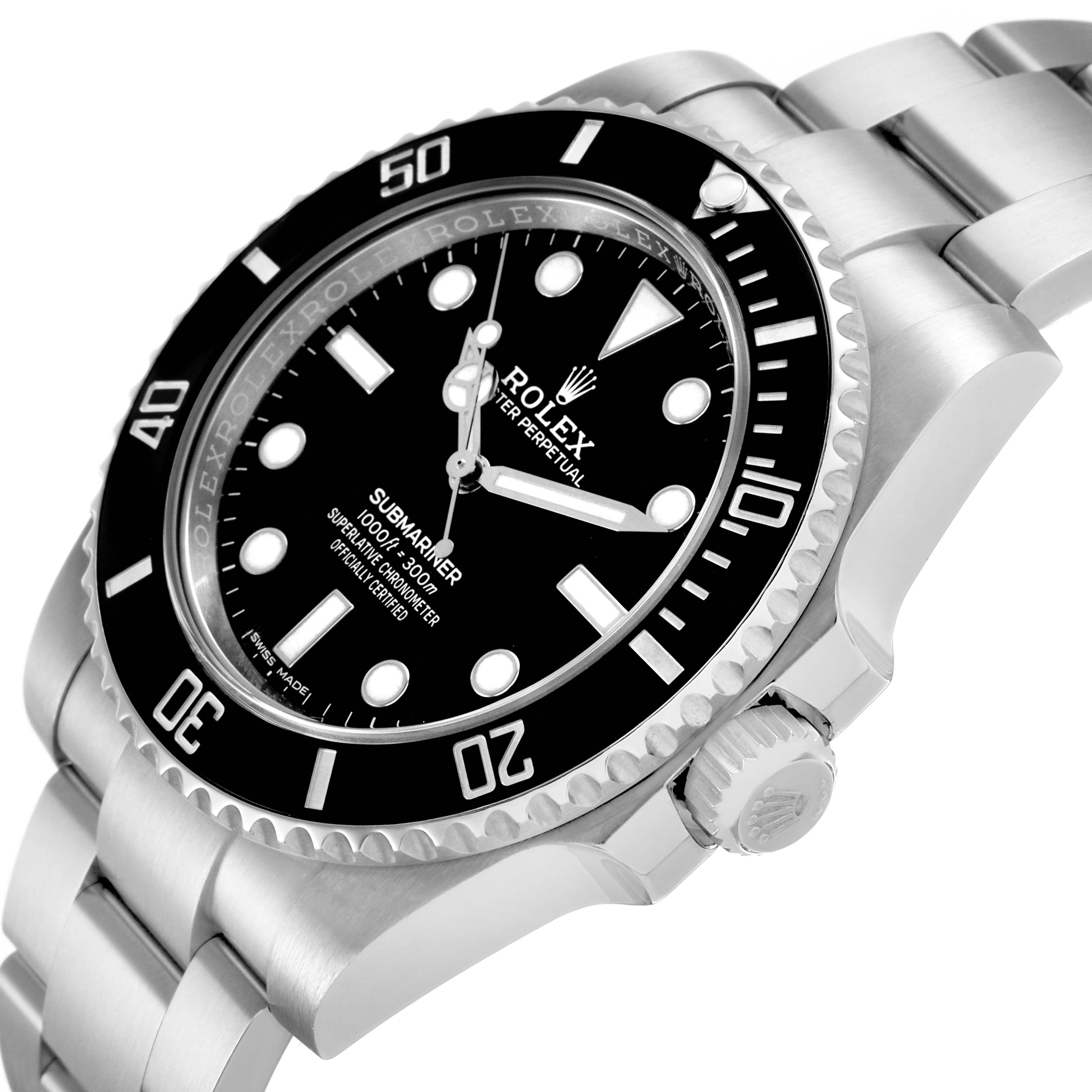 The Rolex Submariner 114060 Men's Stainless Steel Black Dial watch is shown from a three-quarter angle highlighting the bezel, dial, crown, and bracelet.