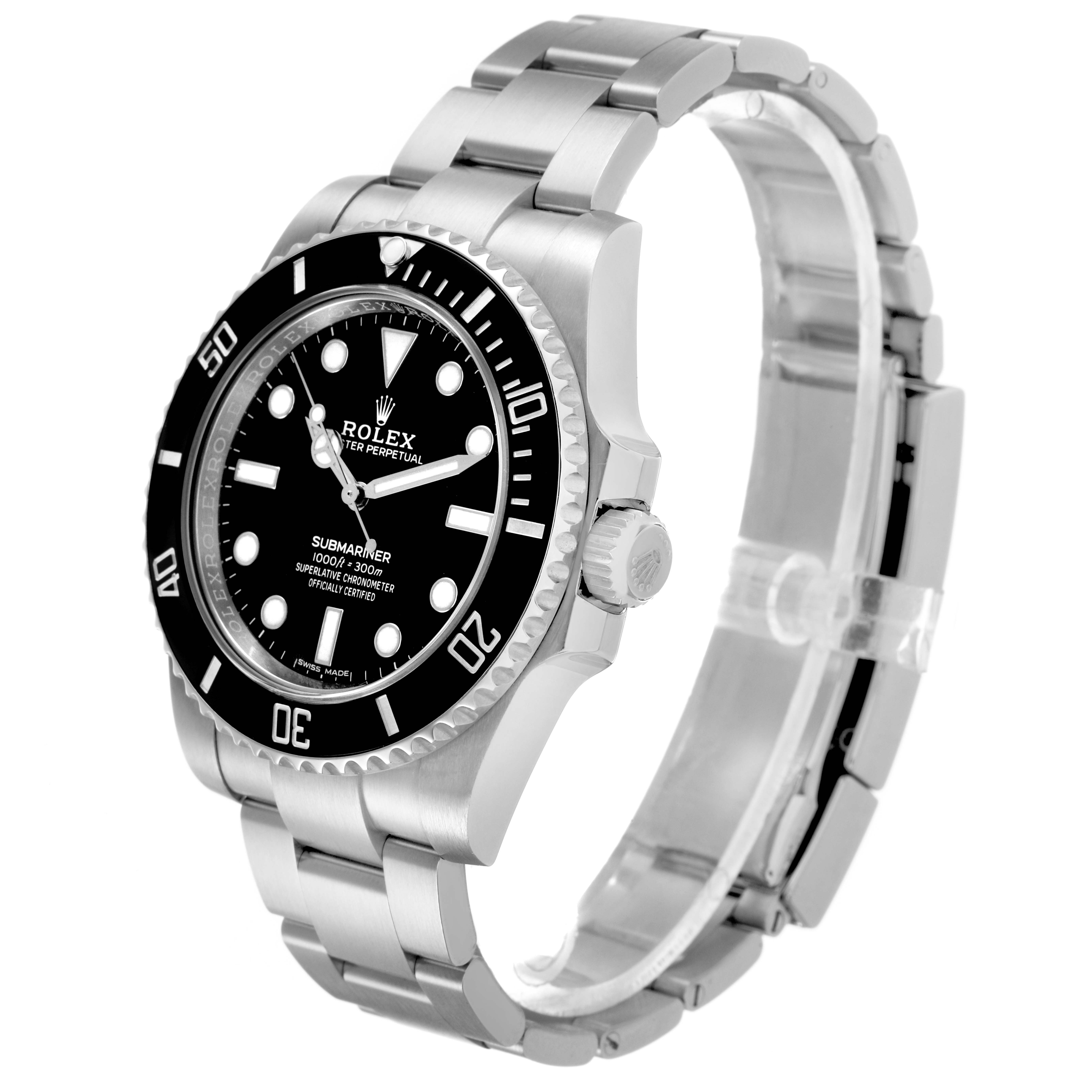 The Rolex Submariner 114060 Men's Stainless Steel Black Dial watch is shown from a three-quarter angle, displaying the bezel, dial, crown, and bracelet.