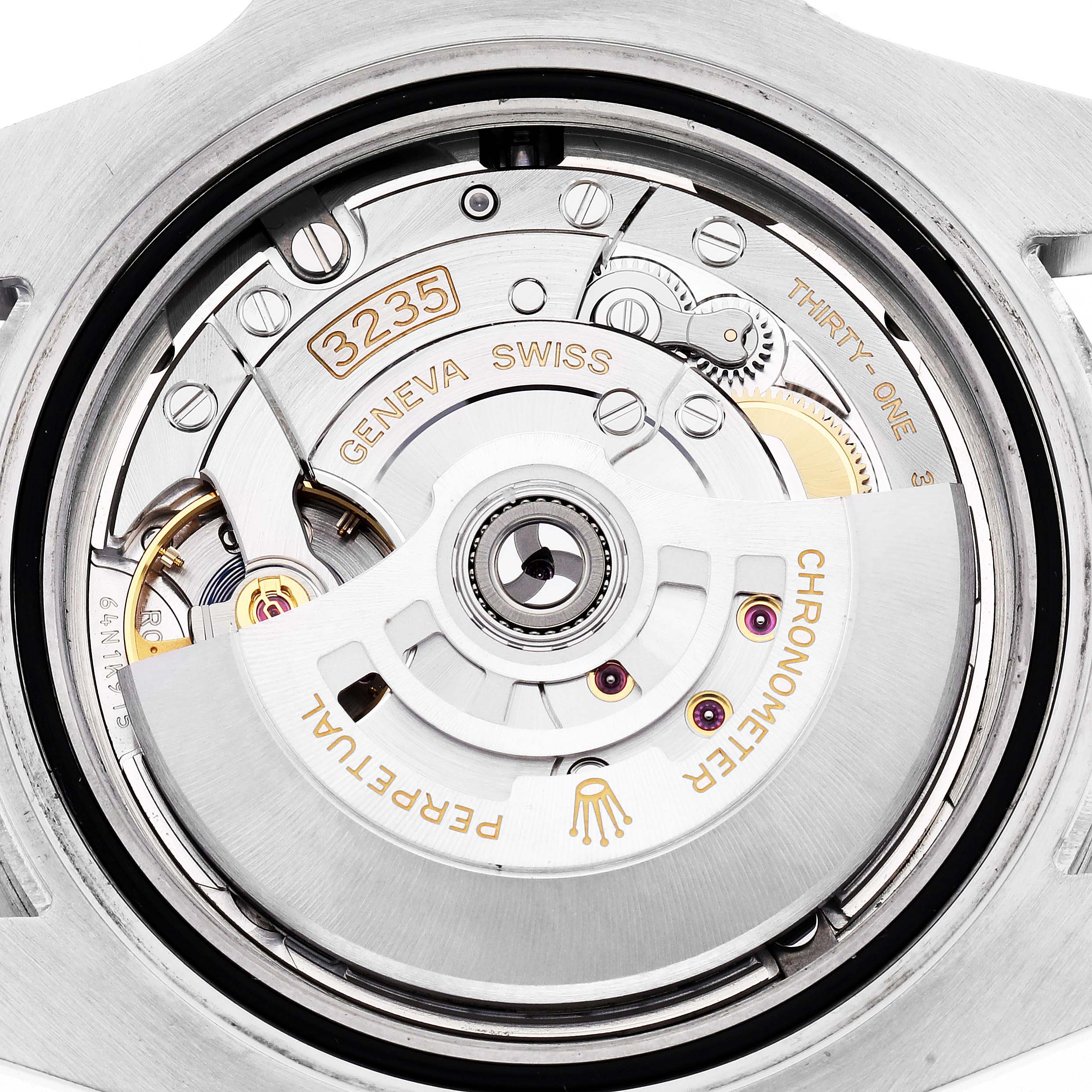 The image shows the movement of a Rolex Submariner 126610 Men's Stainless Steel Black Dial 126610 Men's Stainless Steel Black Dial, featuring the intricate mechanics and rotor from a backside angle.